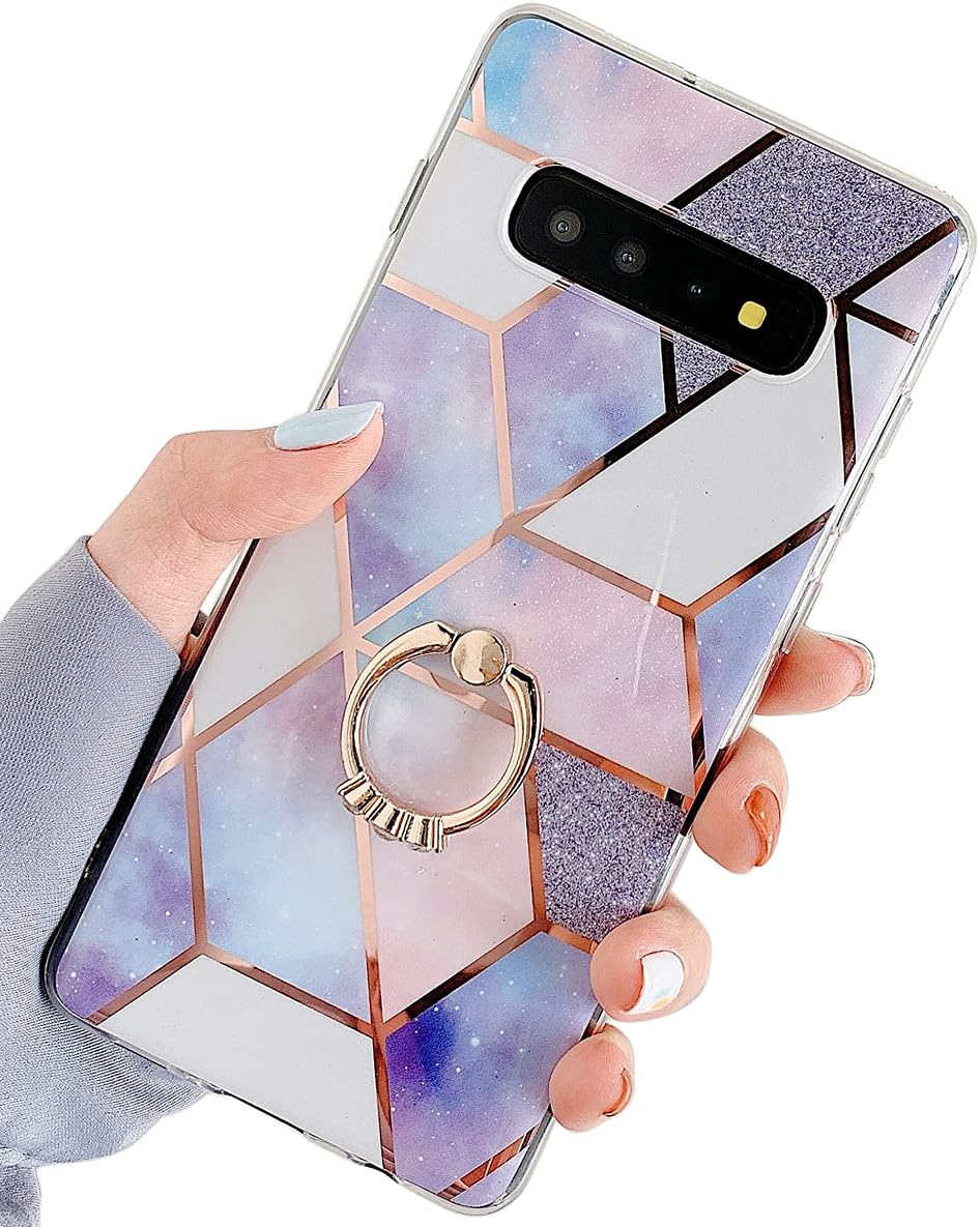 Qokey Galaxy S10 Plus Case,Marble Glitter Cute Fashion for Men Women Girls with 360 Degree Rotating Ring Kickstand Soft TPU Shockproof Cover Designed for Samsung Galaxy S10 Plus Light Blue