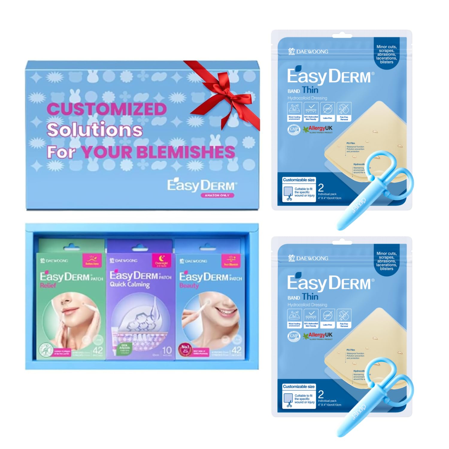 EasyDerm 3 Types of Pimple Patches Gift Set and Thin Hydrocolloid Dressing 4”x4” 2 Pack(4 Dressings)