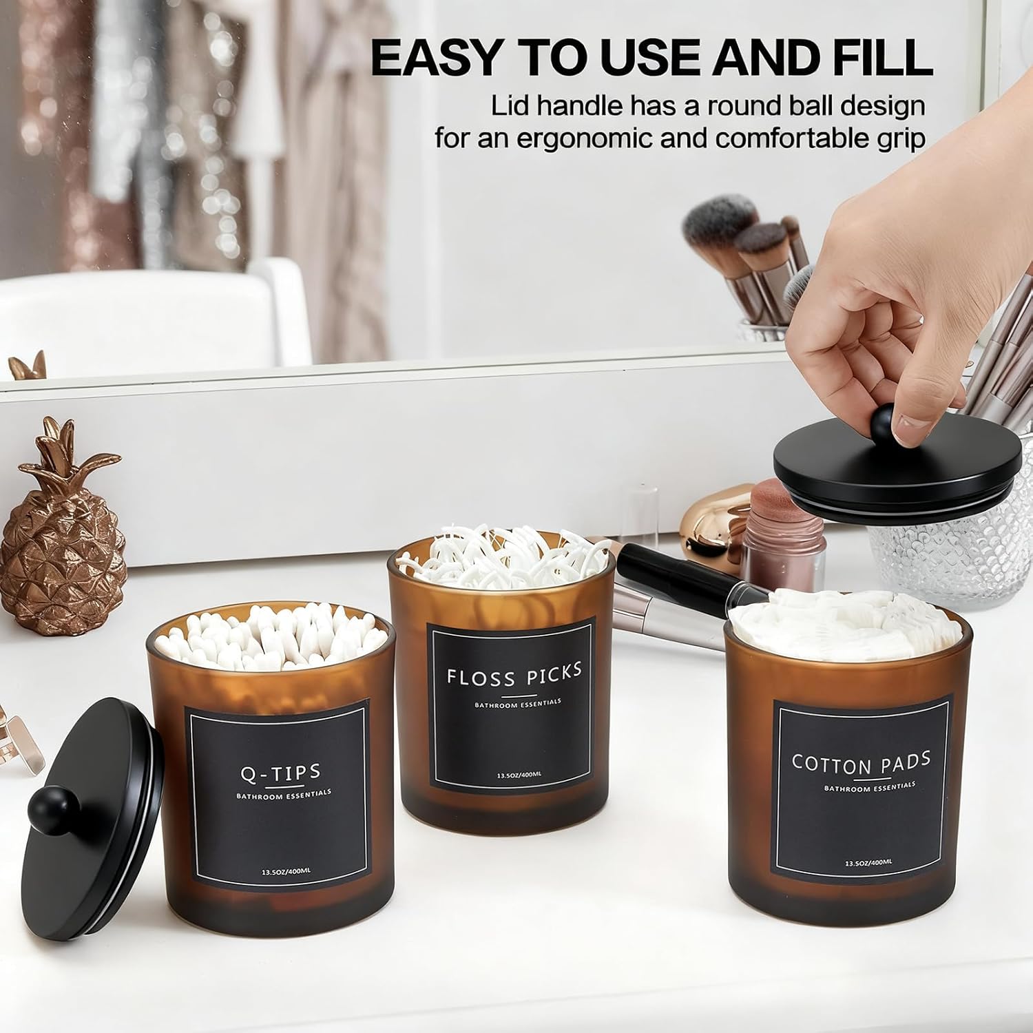 3 Pack Qtip Holder Bathroom Set,Cotton Ball Swab Pad Holder Cotton Round Floss Pick Dispenser with Tray,Glass Apothecary Jars with Lids,Bathroom Organizers and Storage Canisters-Amber