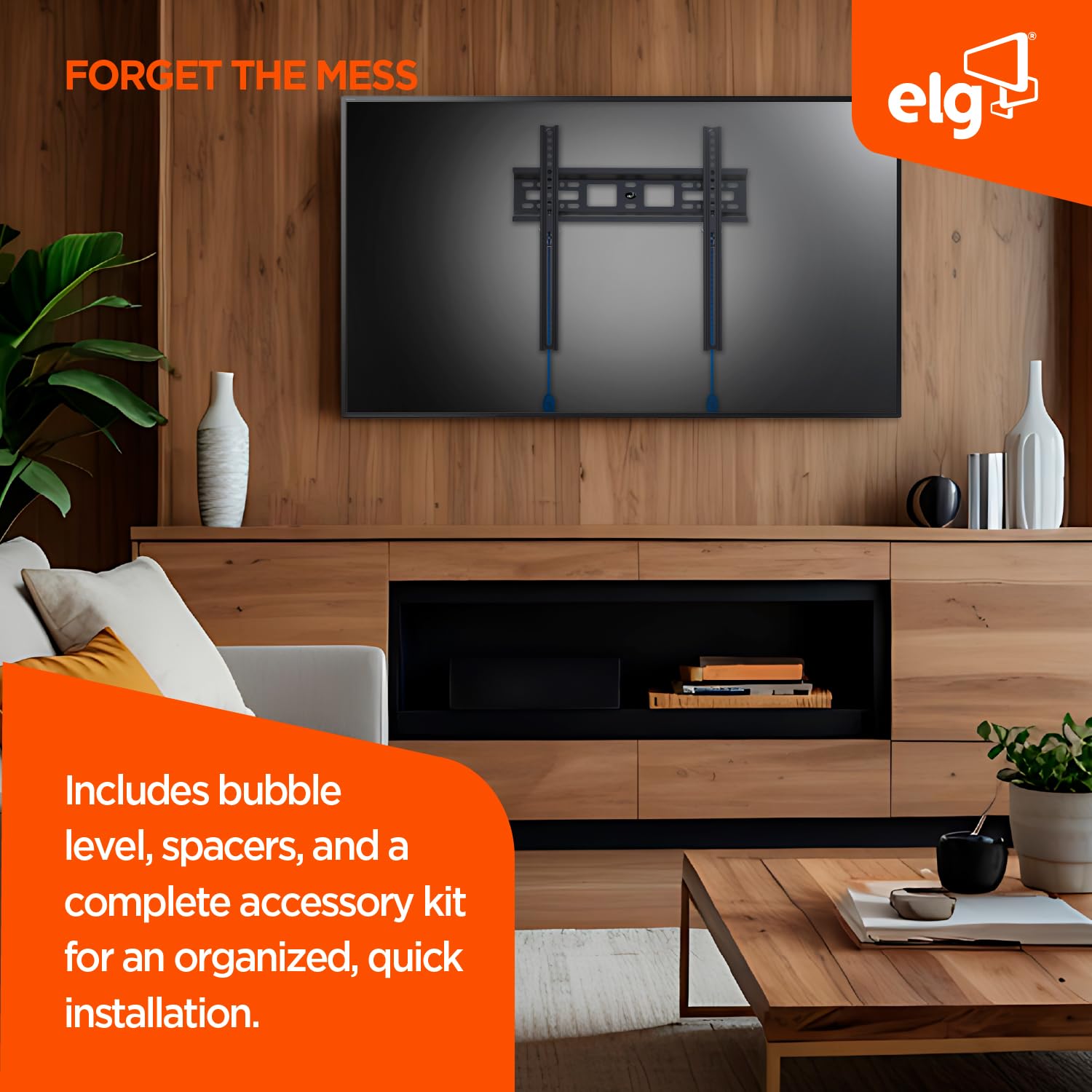 ELG Soporte de pared fijo para TV de perfil bajo para televisores de 32 a 77 pulgadas, soporta hasta 110 libras, VESA máximo 400 x 400 mm, se adapta a pernos de madera de 12 y 16 pulgadas, sistema de