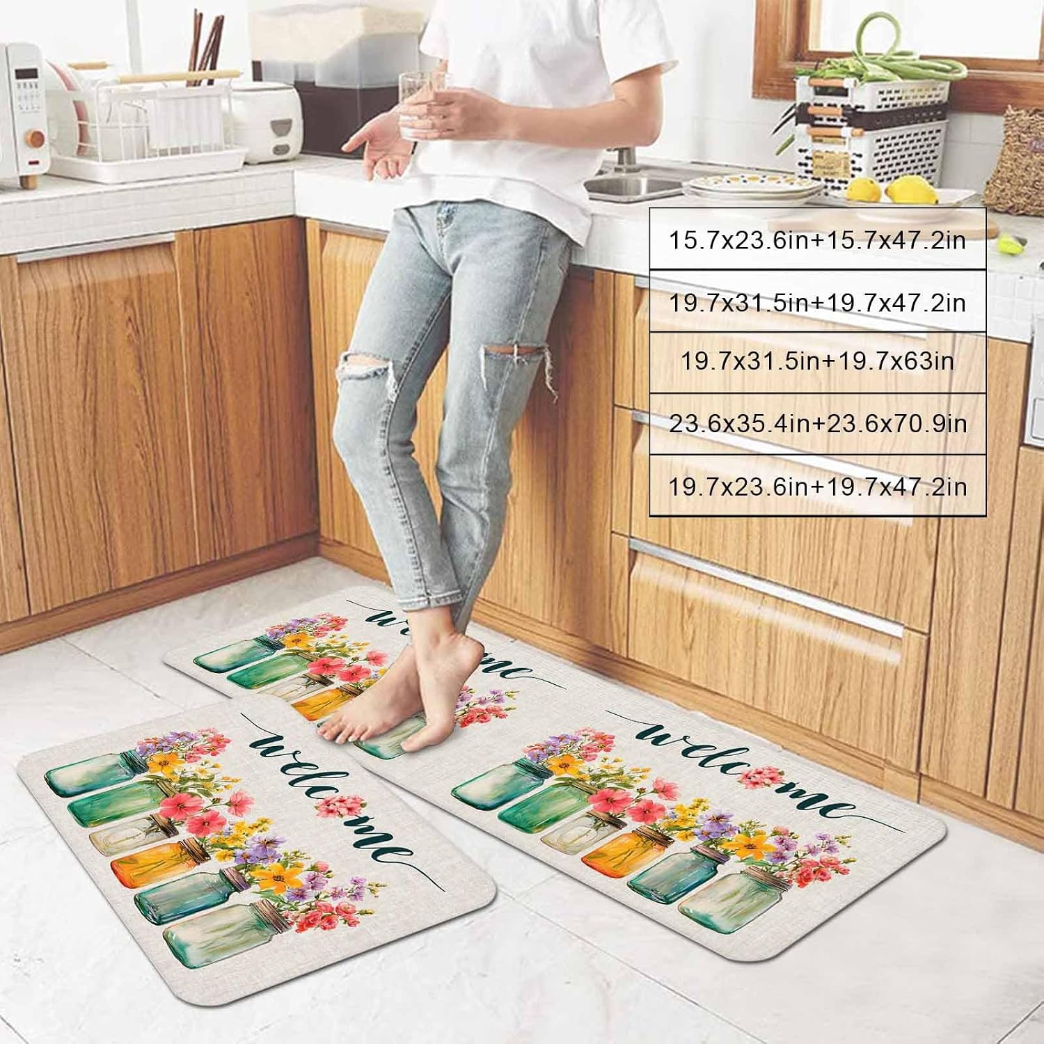 Prime Leader Welcome Kitchen Mat Set 2 Pieces Wildflowers Vintage Mason Jars Farmhouse Retro Non Slip Kitchen Rugs Washable Runner Rug Mats for Sink Laundry (19.7" x 31.5"+19.7" x 47.2")