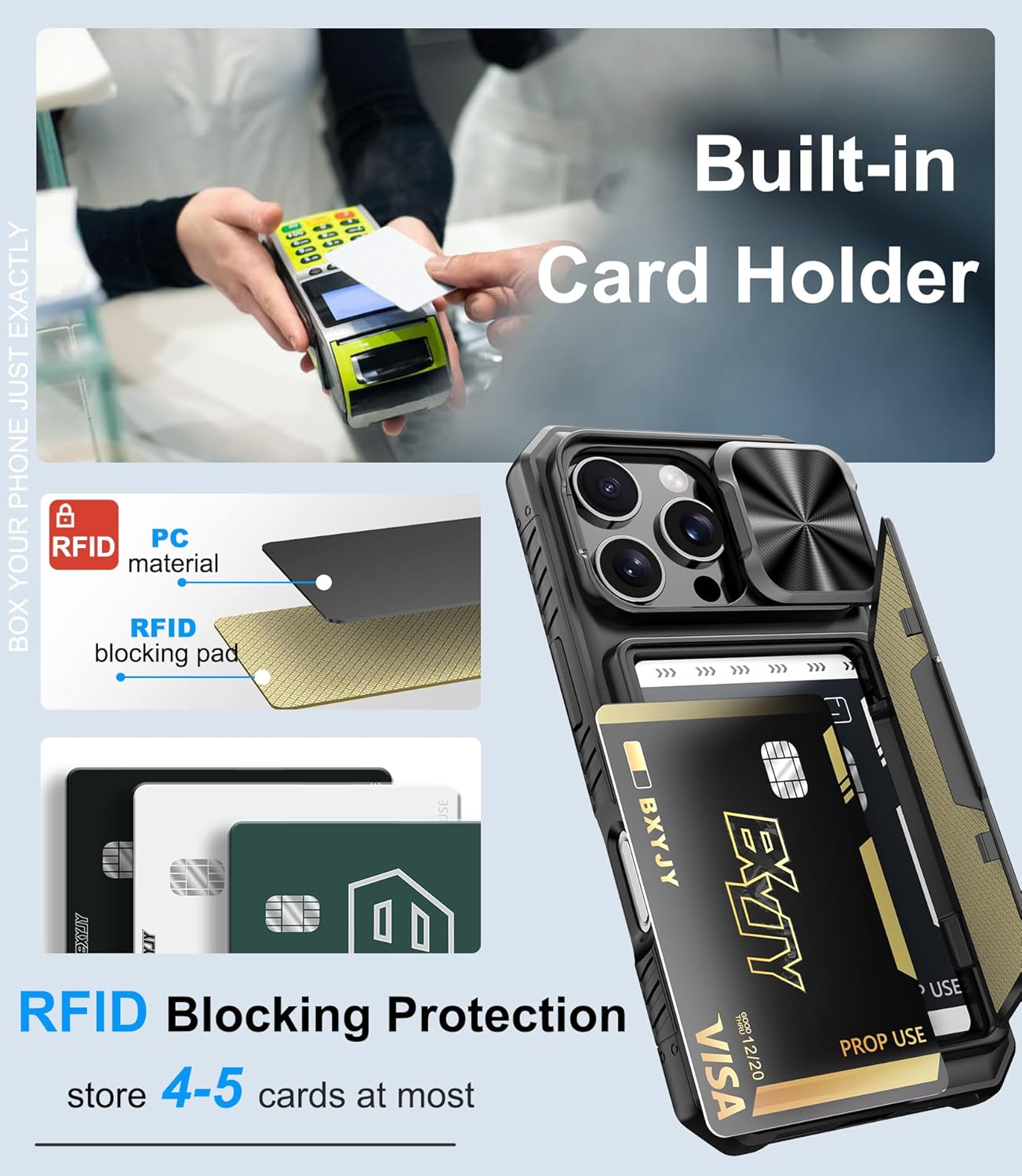 BXYJY for iPhone 16 Pro Case Wallet with Screen Protector (Tempered Glass), Card Holder (4-5 Cards), Slide Camera Cover, Military Grade Drop Proof, Heavy Duty Men Women Case for iPhone 16 Pro, Black