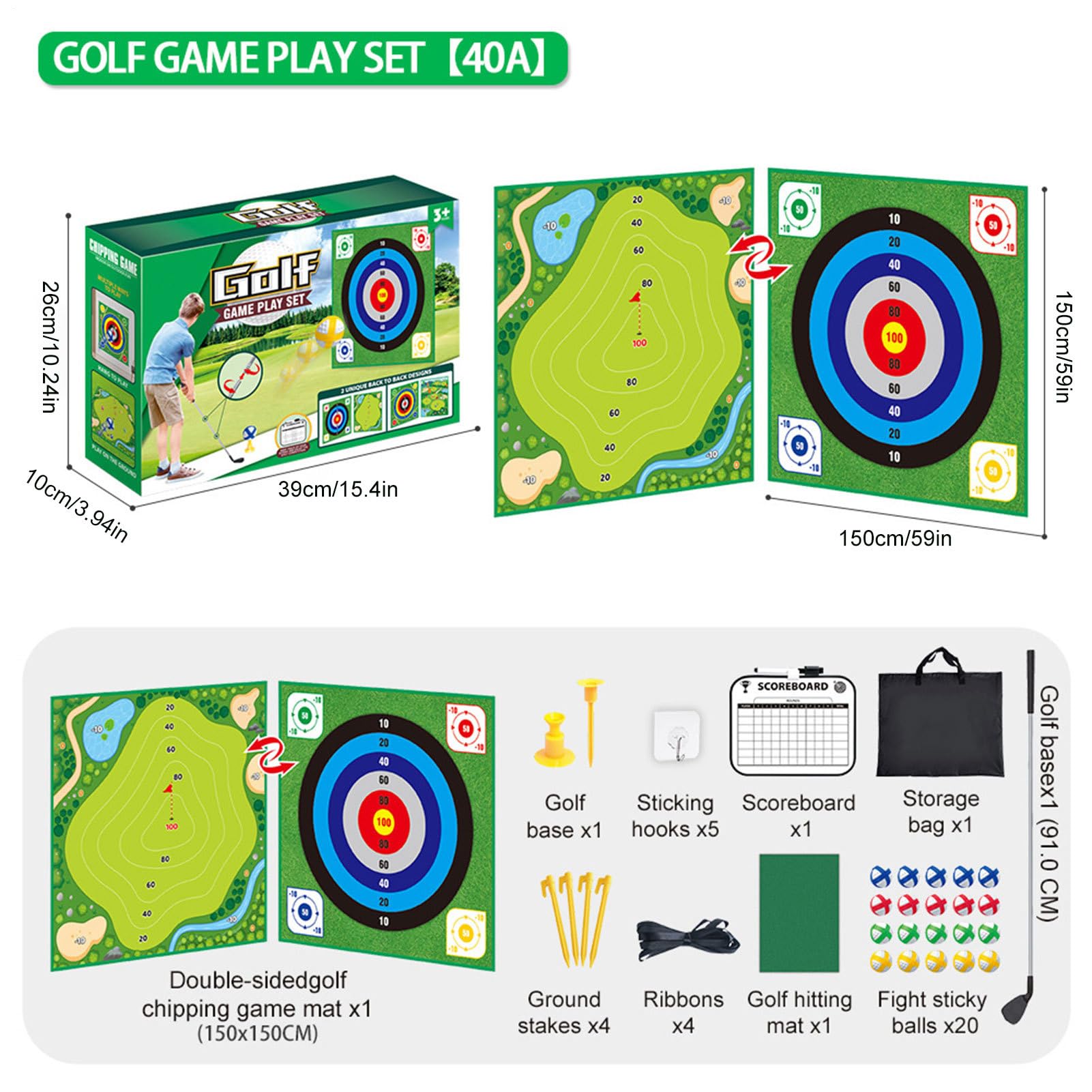 Zestaw samoprzylepnych mat golfowych z chipem, samoprzylepna mata uderzeniowa - dwustronny zestaw do gry w golfa z 20 piłkami - dla rodziny, golfistów, treningu i ćwiczeń wewnątrz i na zewnątrz