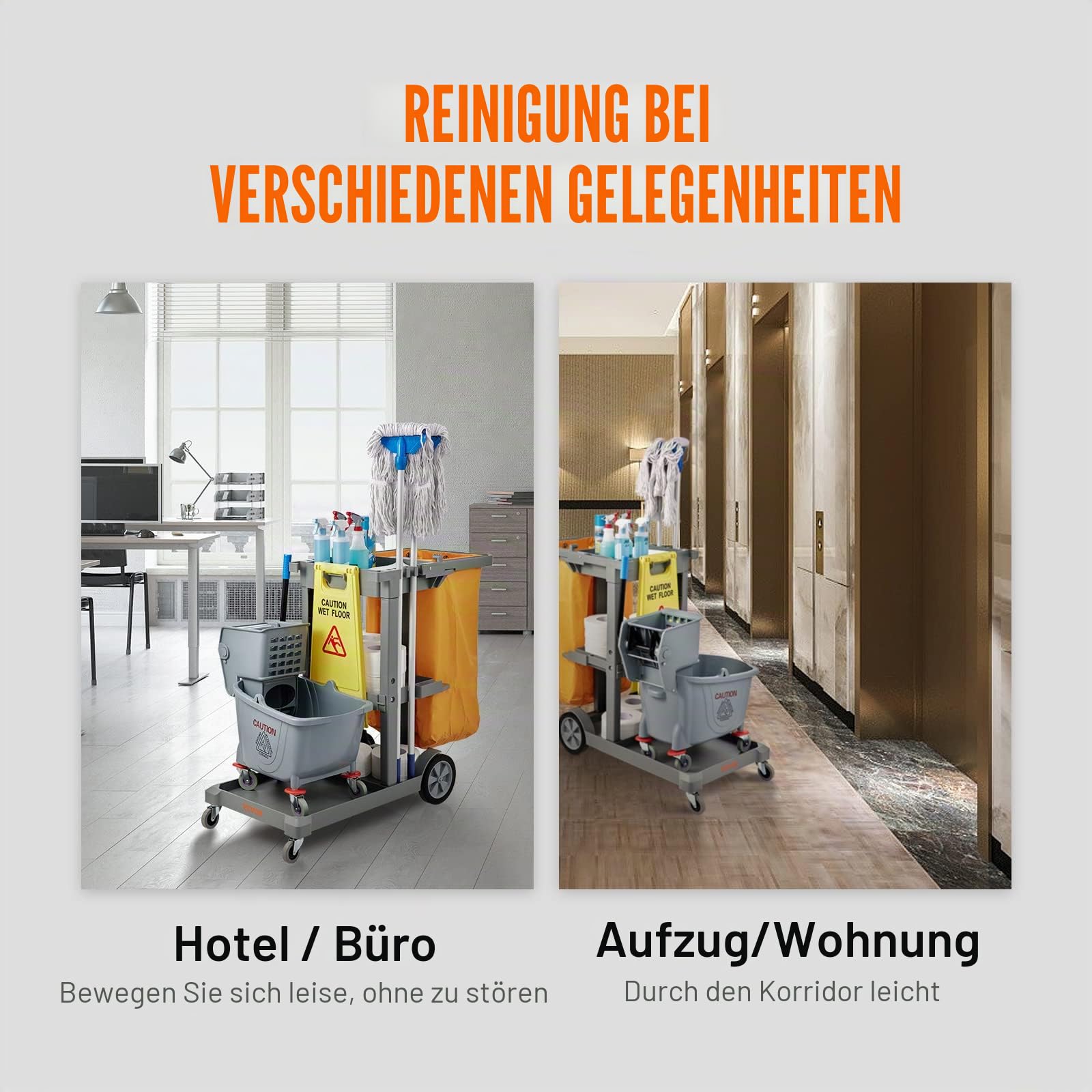 VEVOR Reinigungswagen Putzwagen mit 3 Fächern, Hygienewagen Reinigungswagen 90,7 kg Tragfähigkeit, Grau PP Wischwagen Systemwagen mit PVC-Müllsack, Geeignet für Büros, Einkaufszentren, Hotels