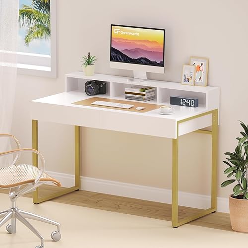 Miniatura 8 de GreenForest Escritorio de tocador con 2 cajones, pequeño escritorio blanco de 39.4 pulgadas con 3 espacios de almacenamiento, moderno escritorio de