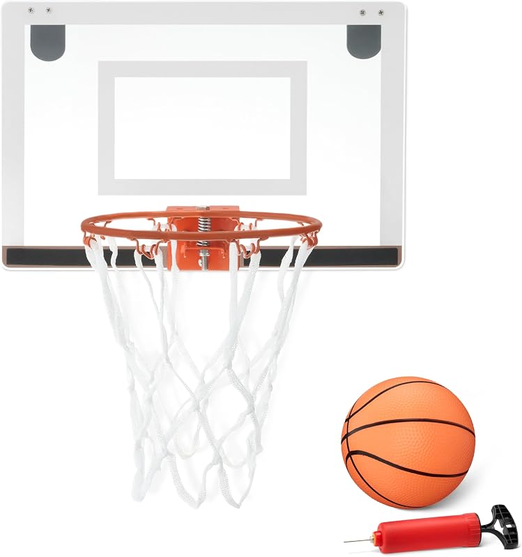 Mini Indoor Basketball Hoop, Over The Door Backboard and Rim, Includes 5-inch PVC Basketball and Pump, 18" x 12"