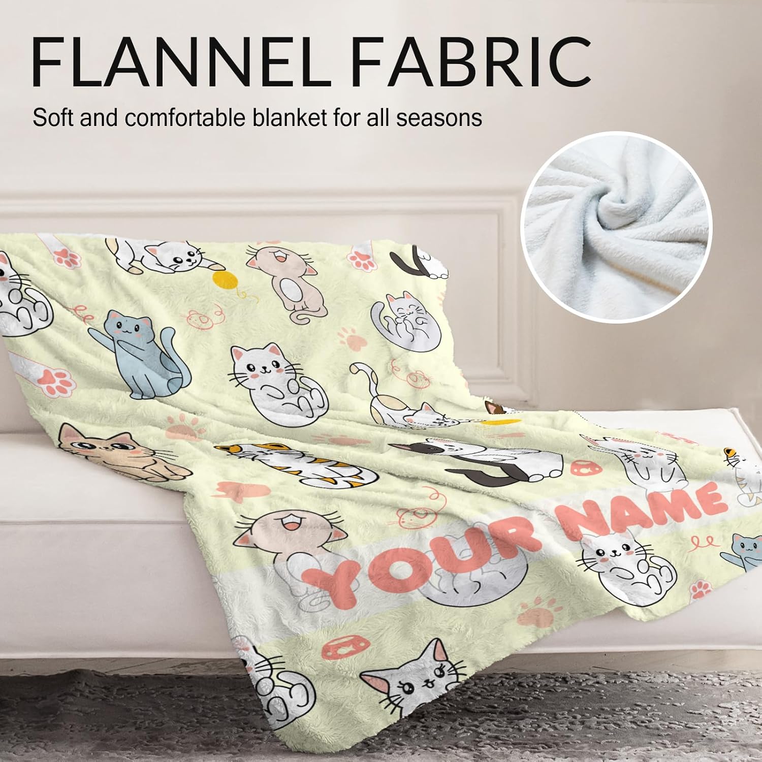 Personalized Cat Stuff for Girls - 40" x 50" Inches Cat Throw Blanket for Girls Kids - Cute Lightweight Cozy Flannel Blankets for Crib, Couch, Sofa