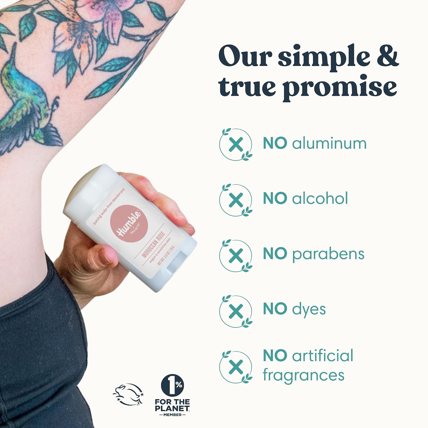 Humble Aluminum-Free Deodorant for Women & Men, Moroccan Rose - Baking Soda-Free Natural Deodorant Stick for Sensitive Skin with Essential Oils for Long-Lasting Odor Control, 2.5 Oz