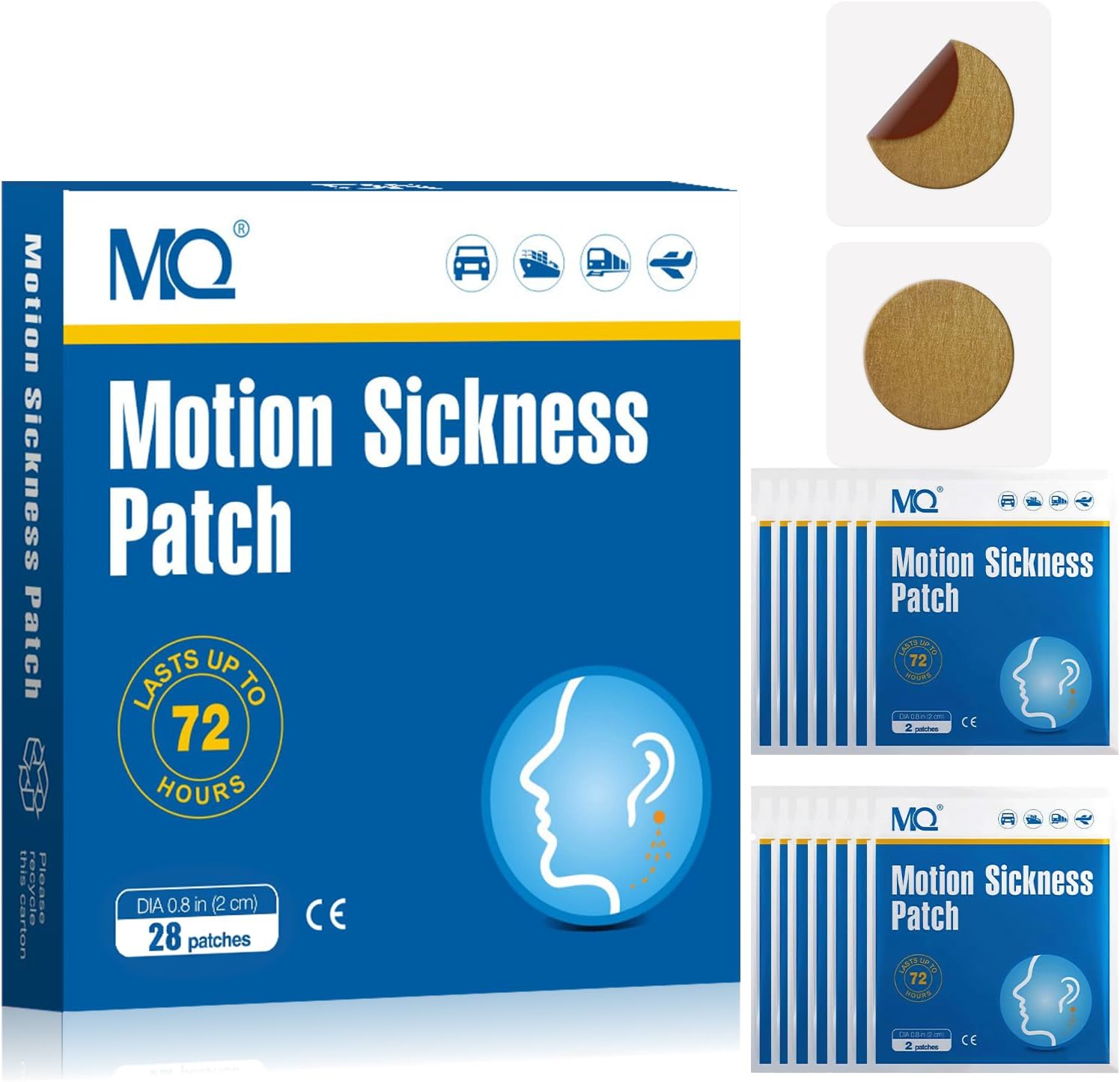 MQ Motion Sickness Patches for Cruise Travel, 28CT Sea Sickness Patches Behind Ear for All Ages, Non Drowsy Waterproof 72H Long Lasting for Car Airplane Altitude Sickness