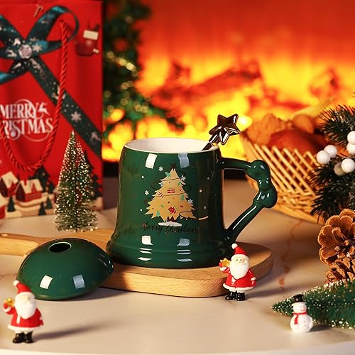 Miniatura 2 de Tazas navideñas para árbol de Navidad con cuchara y tapa, tazas de Navidad de cerámica, tazas de café de Navidad festivas, vasos de invierno para