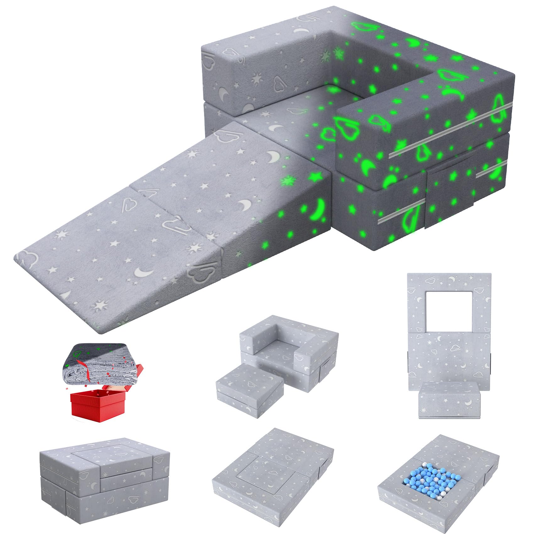 Seeutek Kids Couch, Modular Child Play Fort with Blanket, Toddler Sofa for Playroom and Bedroom, Convertible Baby Furniture for Girls and Boys, 3 in 1 Cloud Glow Grey