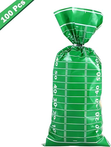 Miniatura 3 de Blulu 100 bolsas de golosinas de fútbol de celofán sellables con calor y lazos plateados para decoración de fiesta de cumpleaños temática de fútbol