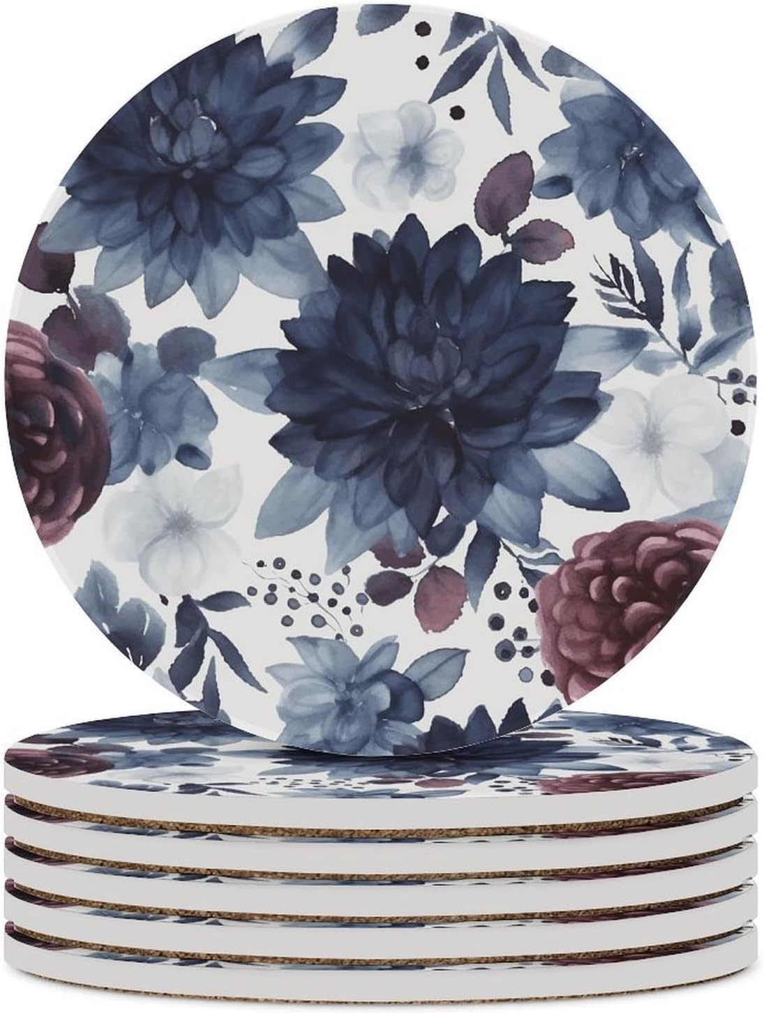 6PCS Watercolor Dark Blue Pattern Coasters Non-Slip Round Drink Coasters with Ceramic Stone and Cork Base, Heat Resistant Absorbent 33.00Stone Coaster Set for Kinds of Mugs and Cups, 4 Inch