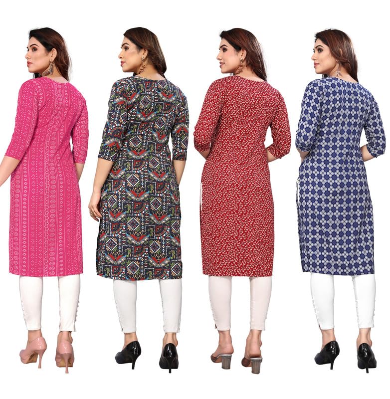 Image of JAKHANA Women's Crepe Printed Casual Straight Calf Length Round Nick Kurta Pack of 4
