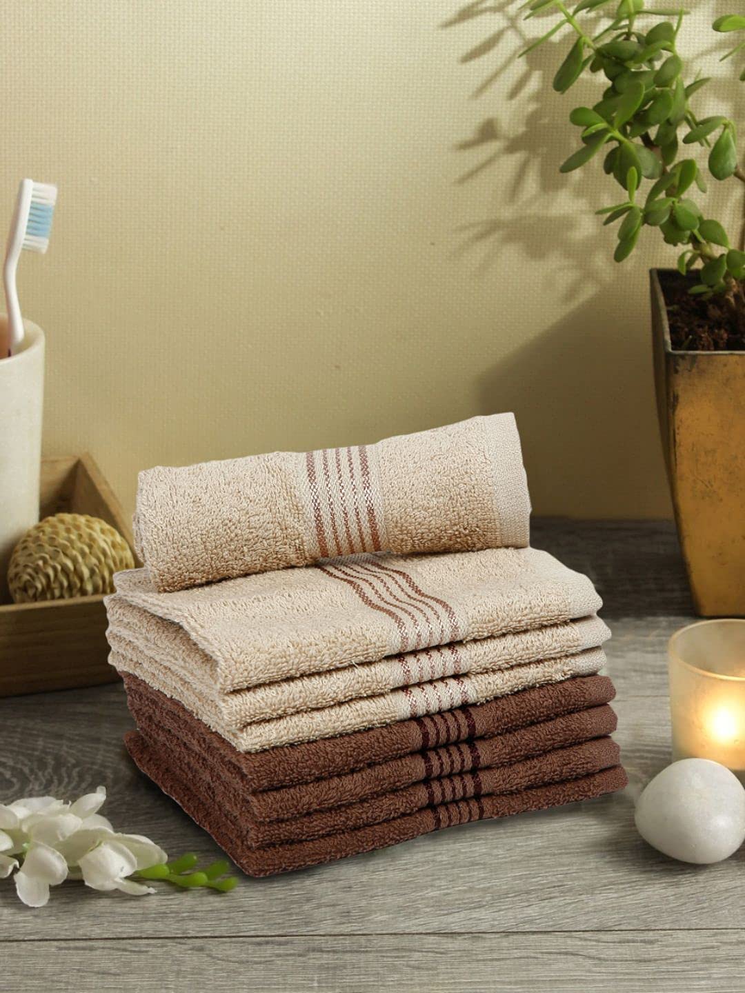 KOPA Quick Dry 100% Cotton Soft Terry Towel -8pc Face Towel (d'ross) - Super Absorbent, Lightweight, Odour Free - for Men, Women, Kids Solid-Taupe/Brown