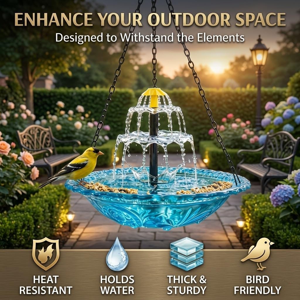 Solar Hanging Bird Bath Fountain with Solar Pump, Cascading Outdoor Water Fountain with Glass Bowl, Decorative Hanging Bird Bath for Garden, Yard, Patio, Porch, Tree (Grey)