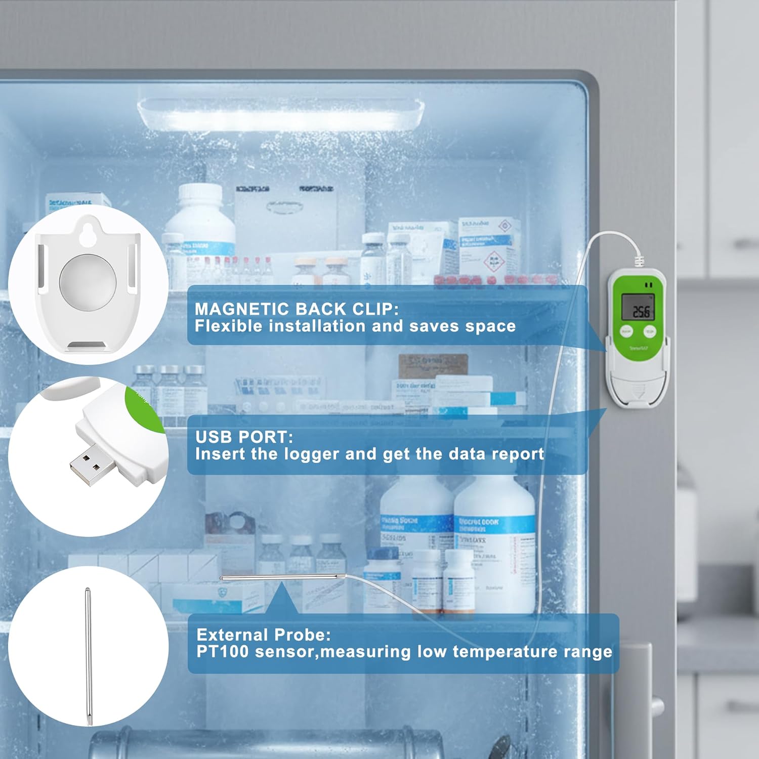 Tzone Low Temperature Data Logger USB Freezer Thermometer Recording with PT100 Sensor, Digital Temp Recorder with Probe for Lab, Refrigerator, Cold Chain Transportation, Warehouse