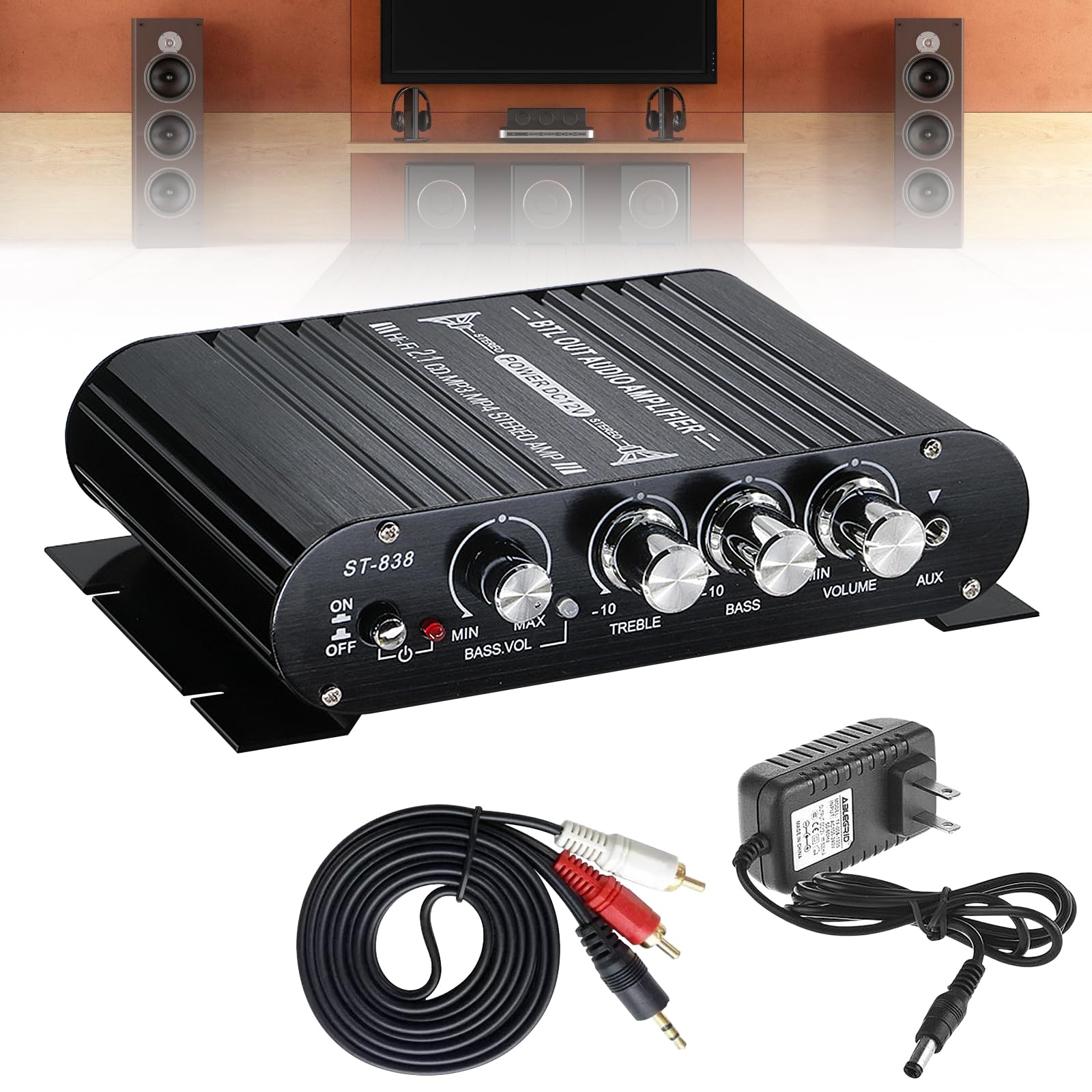 Amplificatore audio HiFi Bluetooth, RMS 80 W x 2 + 80 W ST-838 Mini amplificatore Hi-Fi con uscita Bluetooth classe D, regolatore di bassi e alti, amplificatore stereo classe D 2.0 (adattatore