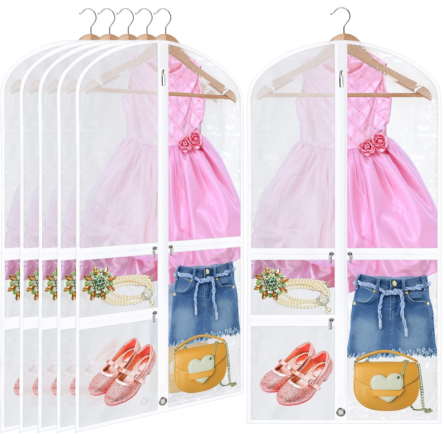 Woanger 6 Pcs Garment Bags for Dance Costumes Clear PVC with Zippers Garment Bag with Pockets Dance Costume