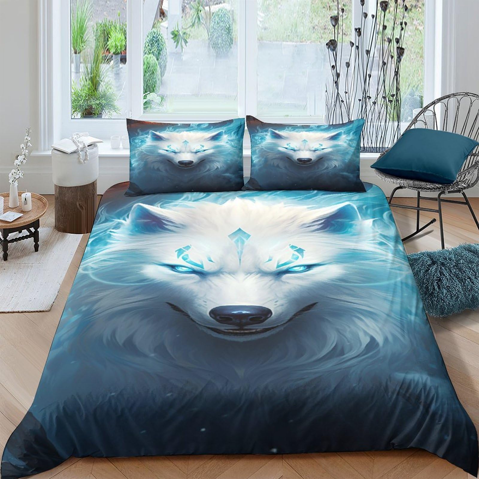Housse de couette loup 200x200 parure de lit microfibre 3 pièces lit 2 personnes