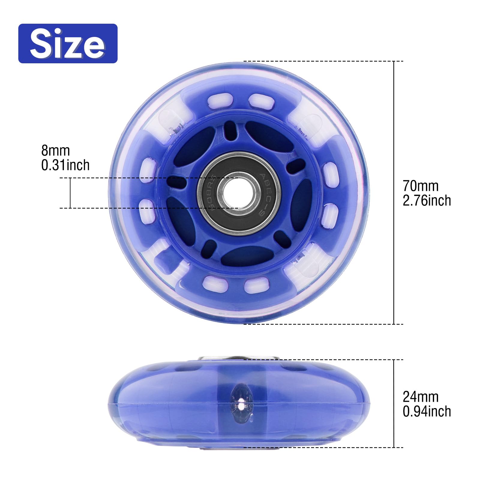 Wheelgoo 8pcs 70mm inline Skate Wheels Blue Flashing Wheels for Kids and Youth Beginners Children's Inline Skates Indoor/Outdoor Use (Blue, 70mm)