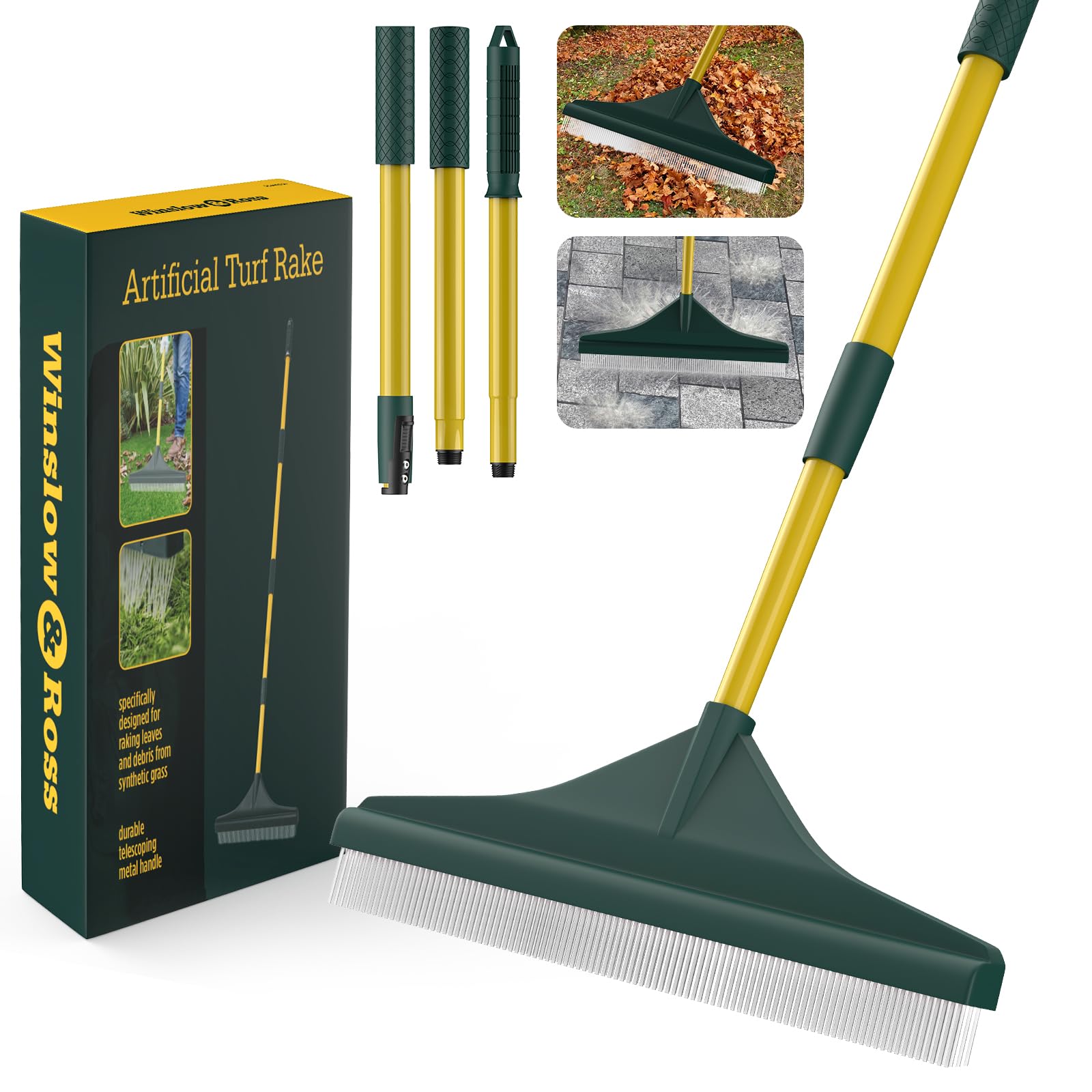 Artificial Turf Rake with Steel Telescopic Handle, 32 to 55 Inch 3 Piece-Pole Easy Storage Design, Garden Hand Boom Rake for Artificial Grass, Carpet Pet Hair, Lawn Leaves and Debris Remove, Yellow