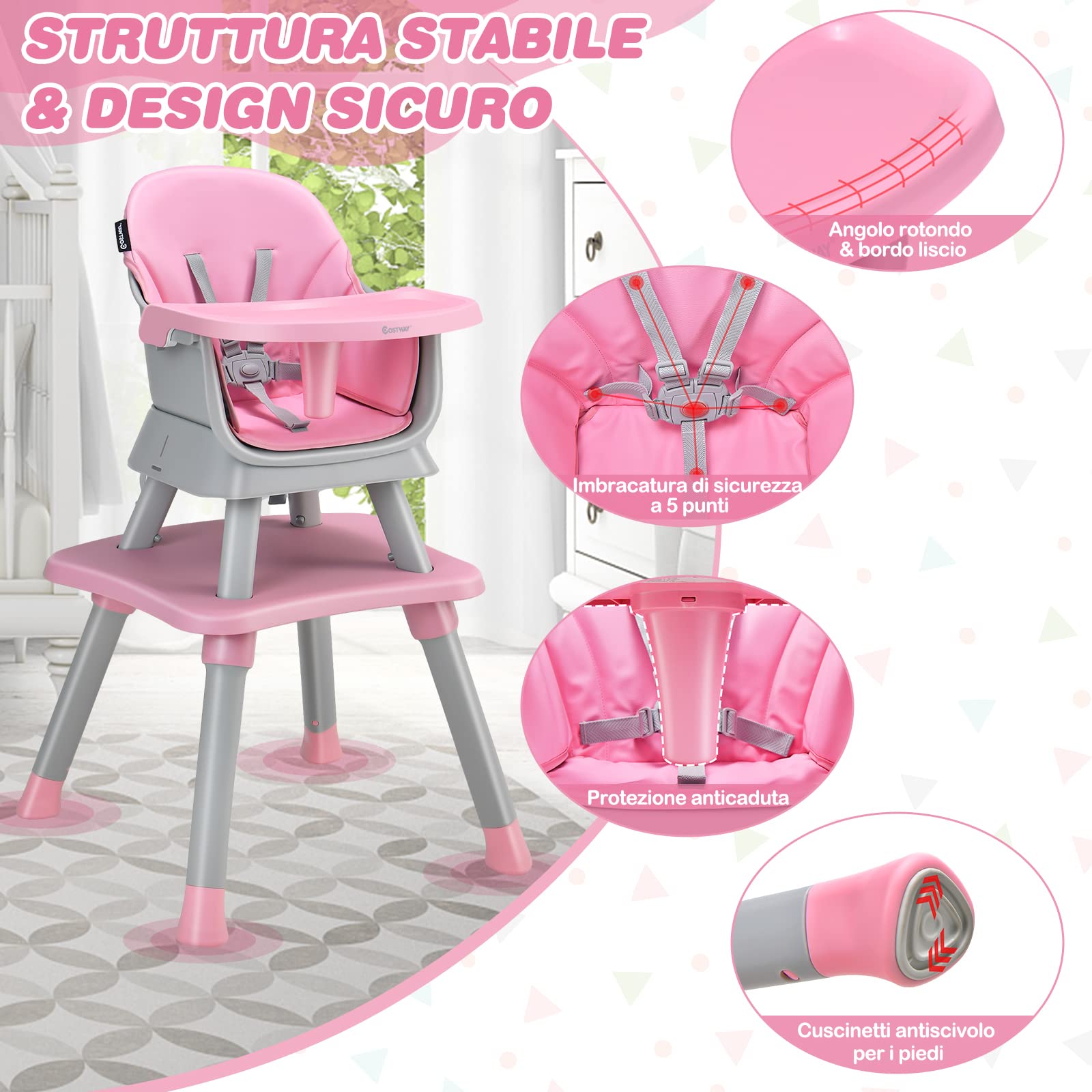 COSTWAY 6 in 1 Seggiolone Pappa per Bambini, Seggiolone per Neonati Convertibile, con Vassoio Rimovibile e Regolabile, Imbracatura a 5 Punti, Tavolo per Costruzioni, per Bambini 6+Mesi (Rosa)