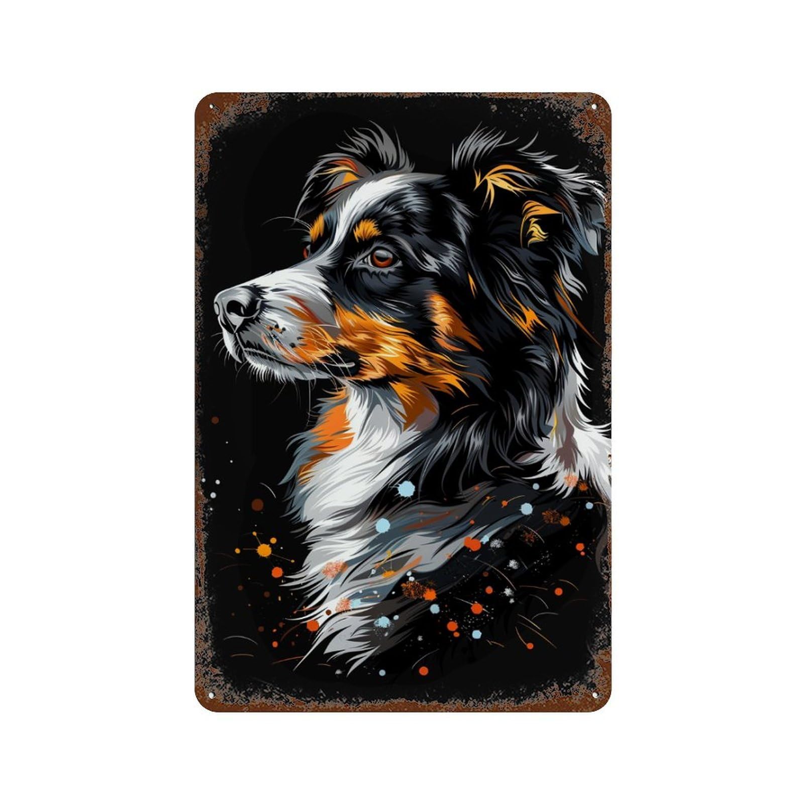 Rust Effect Colorful Australian Shepherd Art Print Rusty Metal Tin Sign 11.8"x7.9", Industrial Home Decor for Living Room, Hallway And Home Decor