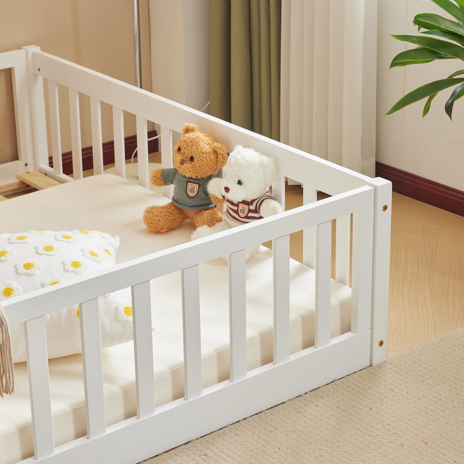 LALAHO Montessori - Lettino da pavimento 2 in 1, con uscita laterale, 90 x 200 cm, protezione dalle cadute e rete a doghe, trasformabile dalla culla al letto dei ragazzi, 2 misure, portata 300 kg