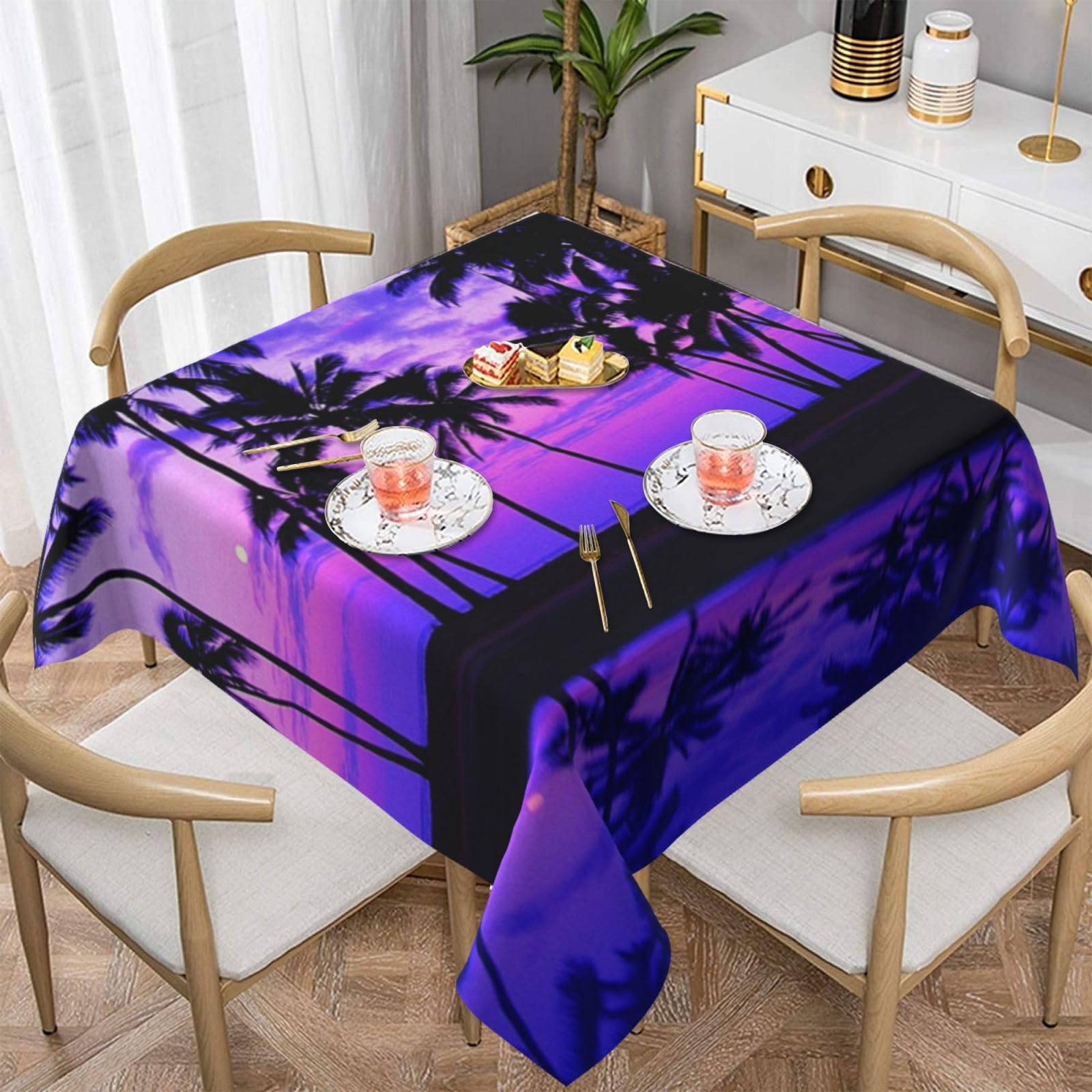 DCEHGEW Palm Tree Purple Sunset Prints Square Tablecloth 152x152 CM, Waterproof Fabric Table Cloth for Dining Table, Farmhouse Table Cover for Kitchen Dining Tabletop Decoration