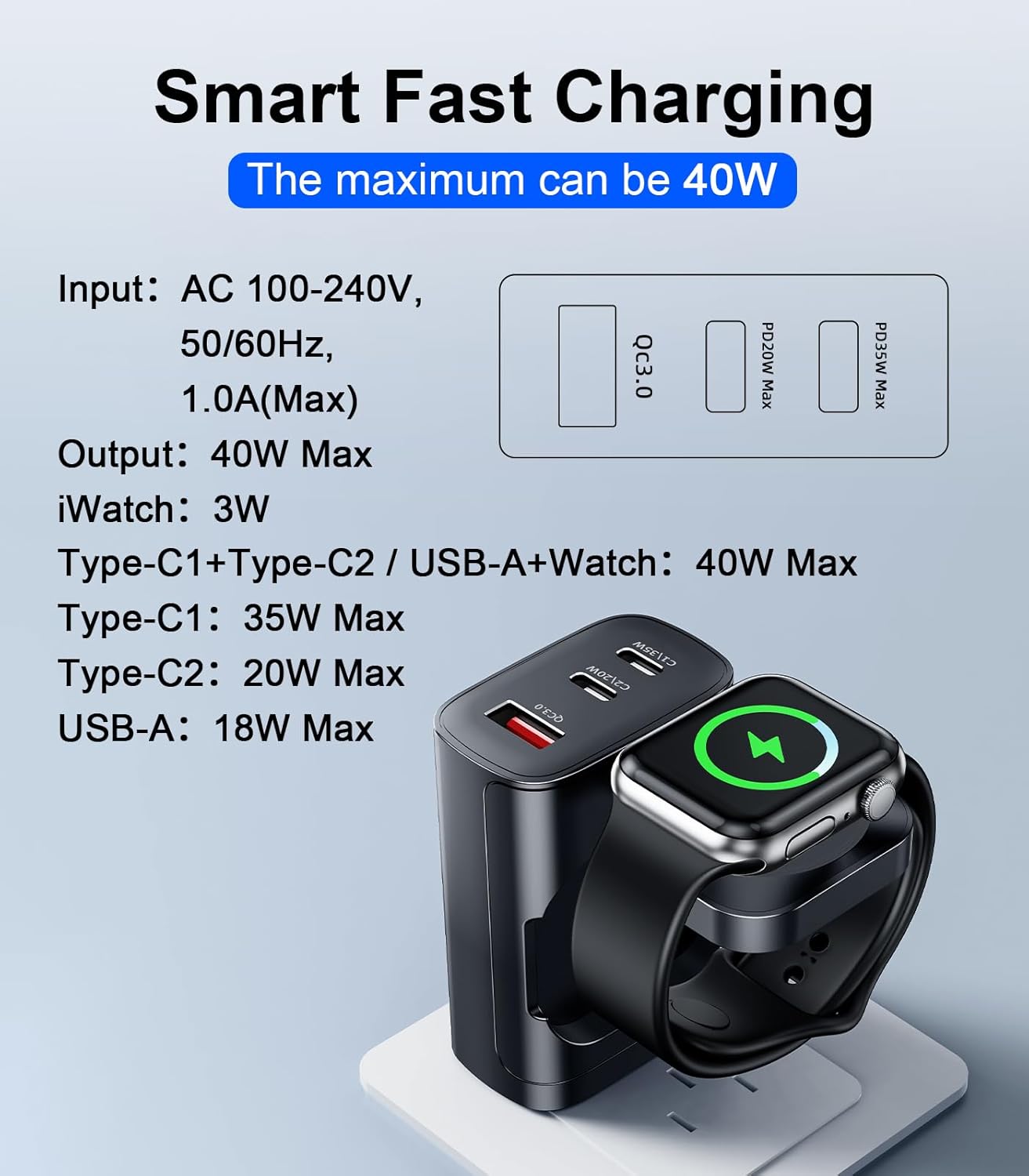 4 in 1 for Apple Watch Charger,Wireless Magnetic iWatch Charger,Portable Travel Essentials 40W USB C Fast Charging Block for Phone AirPods iWatch Ultra/SE/11/10/9/8/7,iPhone 17/16/15/14 Devices,Black - Image 3