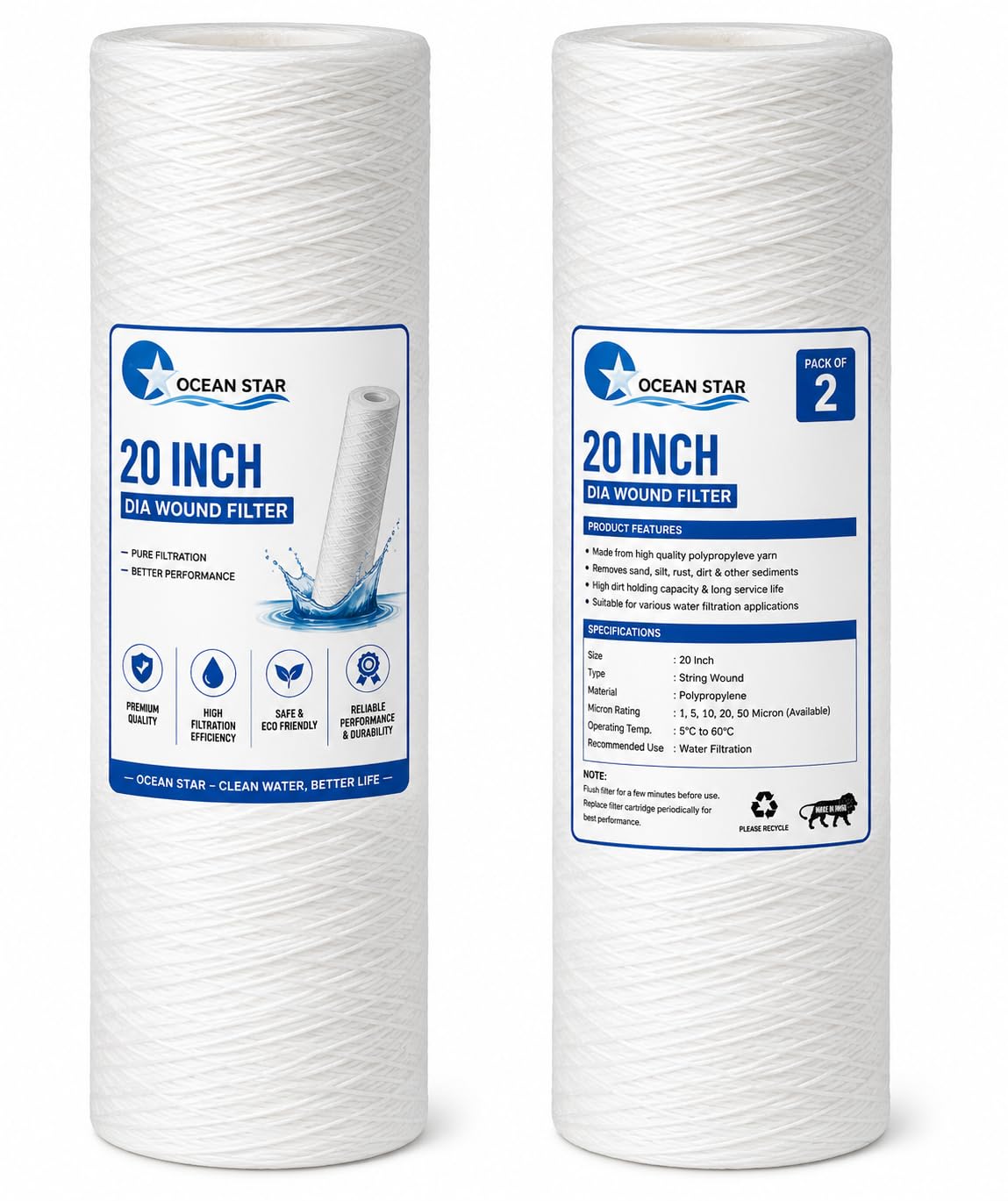 Ocean Star 5 Micron 20 Inch Jumbo Wound Cartridge Filter for Water Filtration - Pack of 2 Filters for Superior Purification and Long-Lasting Performance (White)-image-28