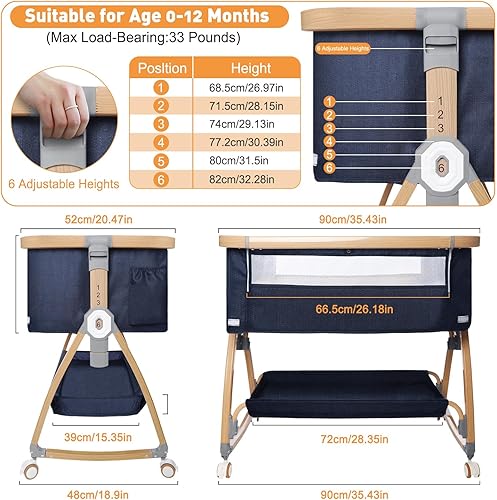 Miniatura 5 de Cuna para bebé, cuna 3 en 1, cuna mecedora de malla transpirable con cómodo colchón y ruedas, 6 alturas ajustables, fácil de montar y plegable, cuna