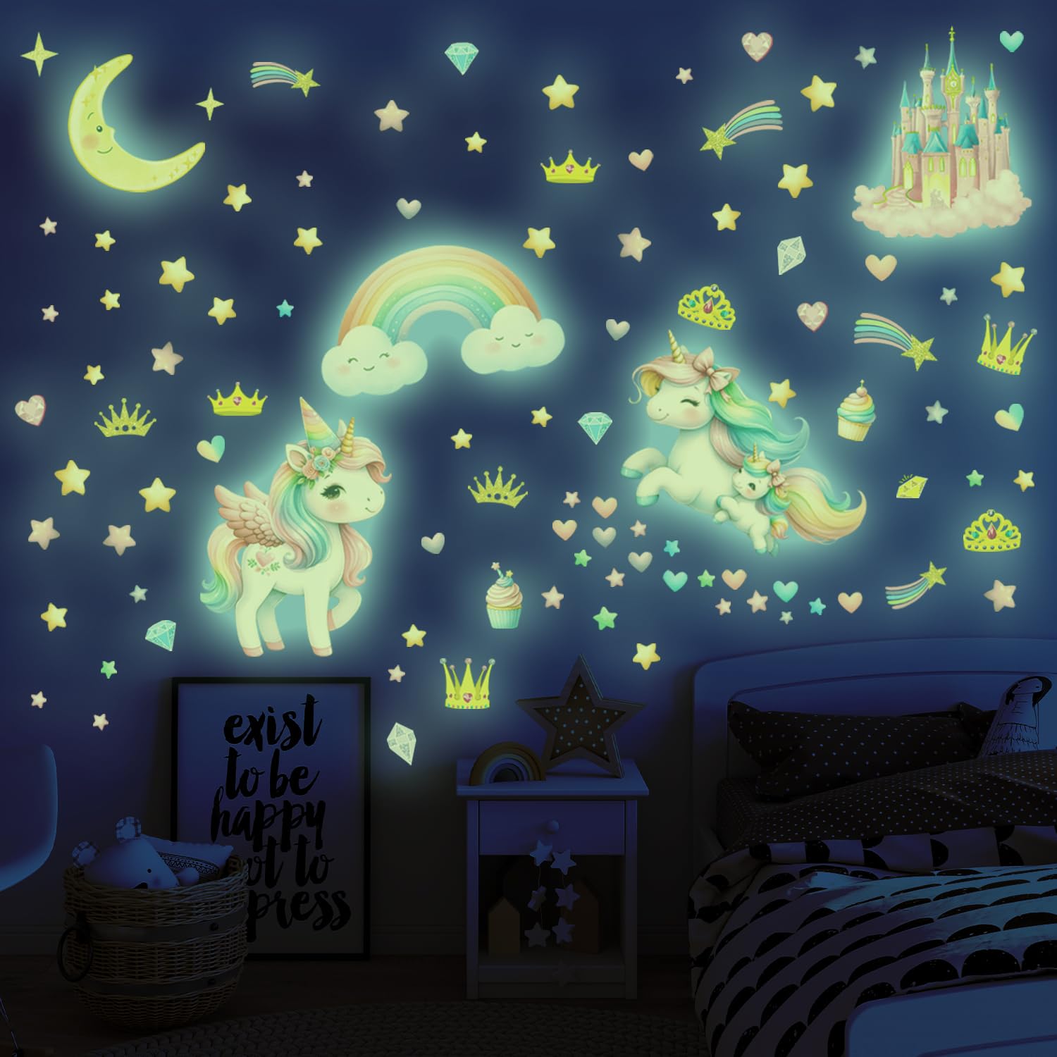 DECOWALL Glow in the Dark Unicorn Wall Stickers, Magical Rainbow Star Castle Wall Decals - Image 4