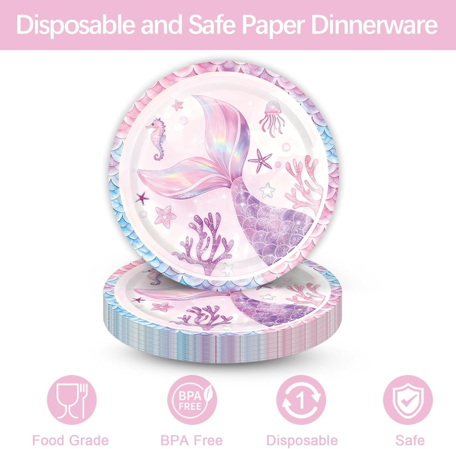 Mermaid Themed Party Decorations Supplies Little Pink Mermaid Party Tableware Set Include Plates, Cups, Napkins,Cutlery and Straw for Baby Shower, Birthday Party Decorations Serves 24