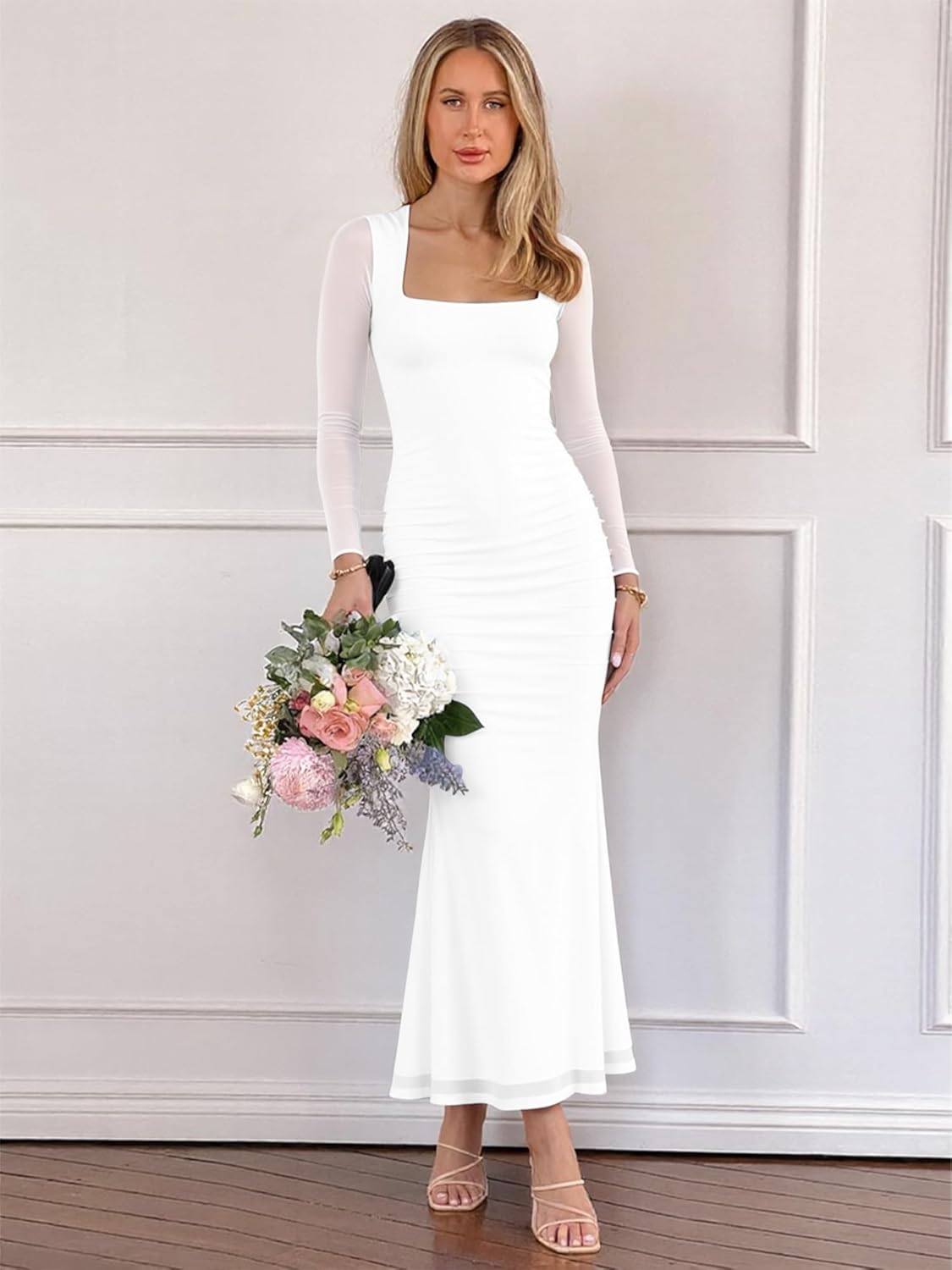 BORIFLORS Women's Ruched Bodycon Long Sleeve Maxi Dress Mesh Square Neck Cocktail Party Long Dresses - Image 2