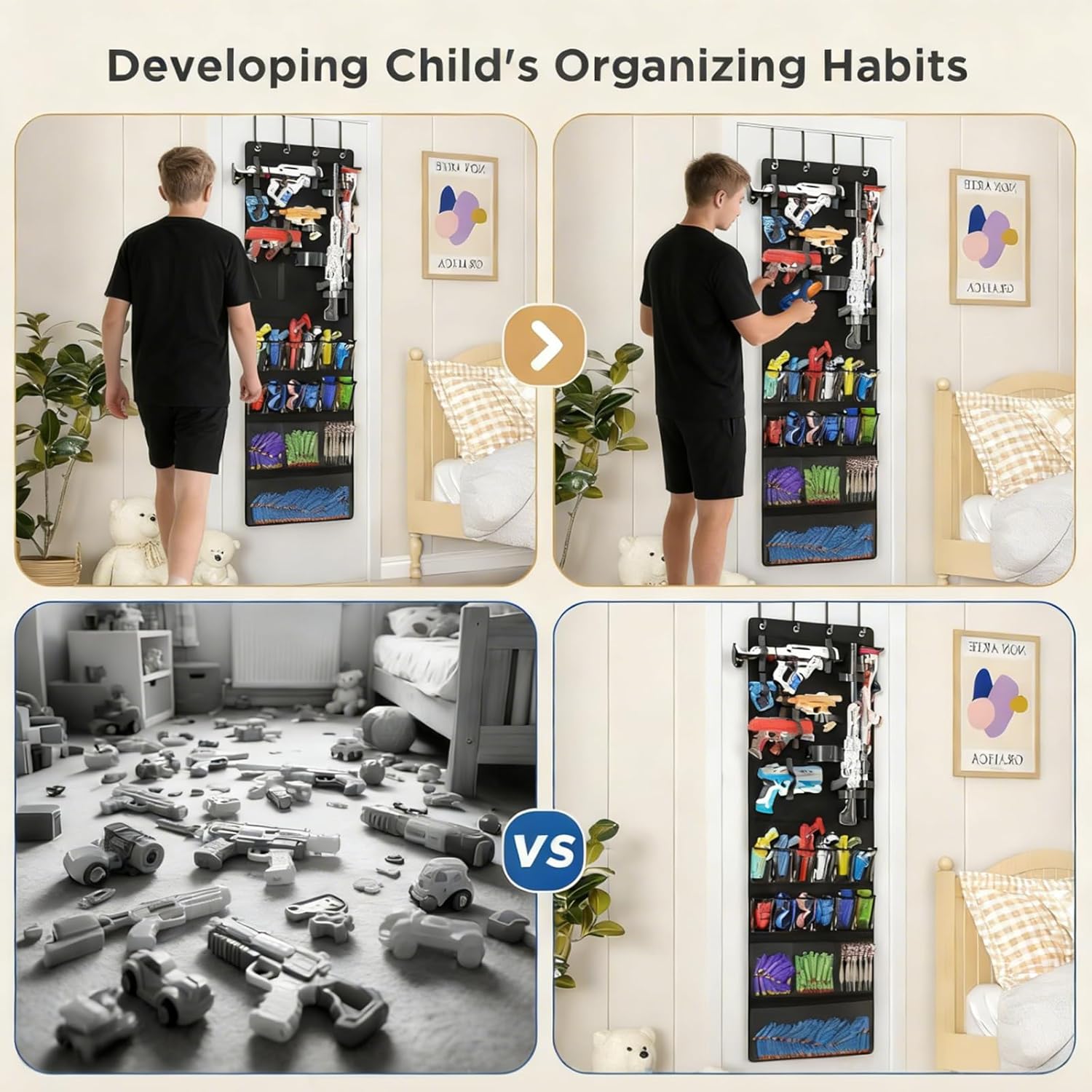 Over the Door Organizer for Toy Guns, Toys Storage Door Hanger with Pockets and Slots for Teens Blasters, Darts, Goggles, Over Door Toy Guns Storage Organizer, for Teens Rooms, Easter Basket Stuffers