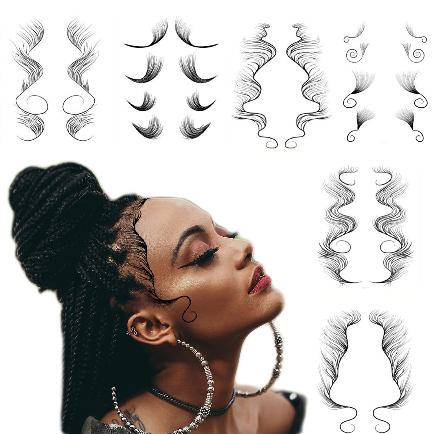 Amazon.com : Temporary Baby Hair Tattoo Stickers, 100% Waterproof Fake  Tattoos Body Makeup for Women Edge Tattoo Edges Curly Hair Salon DIY  Hairstyling Hair Stickers Template Makeup Tool - 6pcs L Size(15x21cm) :