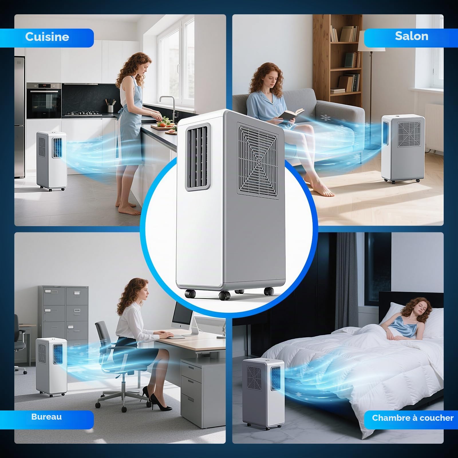 Climatiseur mobile 4-en-1 et refroidisseur d'air, déshumidificateur, ventilation, minuterie 24h, silencieux, parfait pour chambre à coucher, bureau et cuisine (blanc pur)