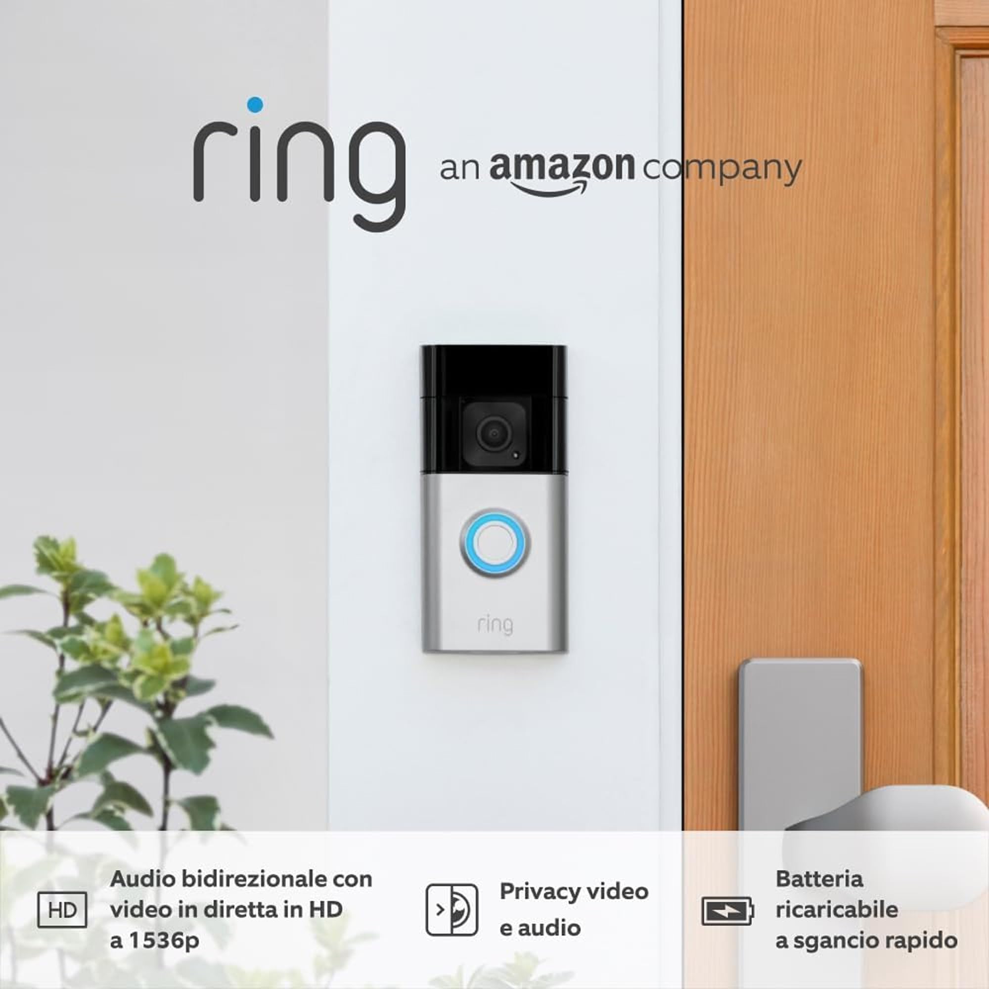 Ring Videocitofono Plus a batteria (Battery Video Doorbell Plus) + Chime (3ª gen.) | campanello con telecamera | Video HD 1536p | Batteria ricaricabile a sgancio rapido | Facile da installare