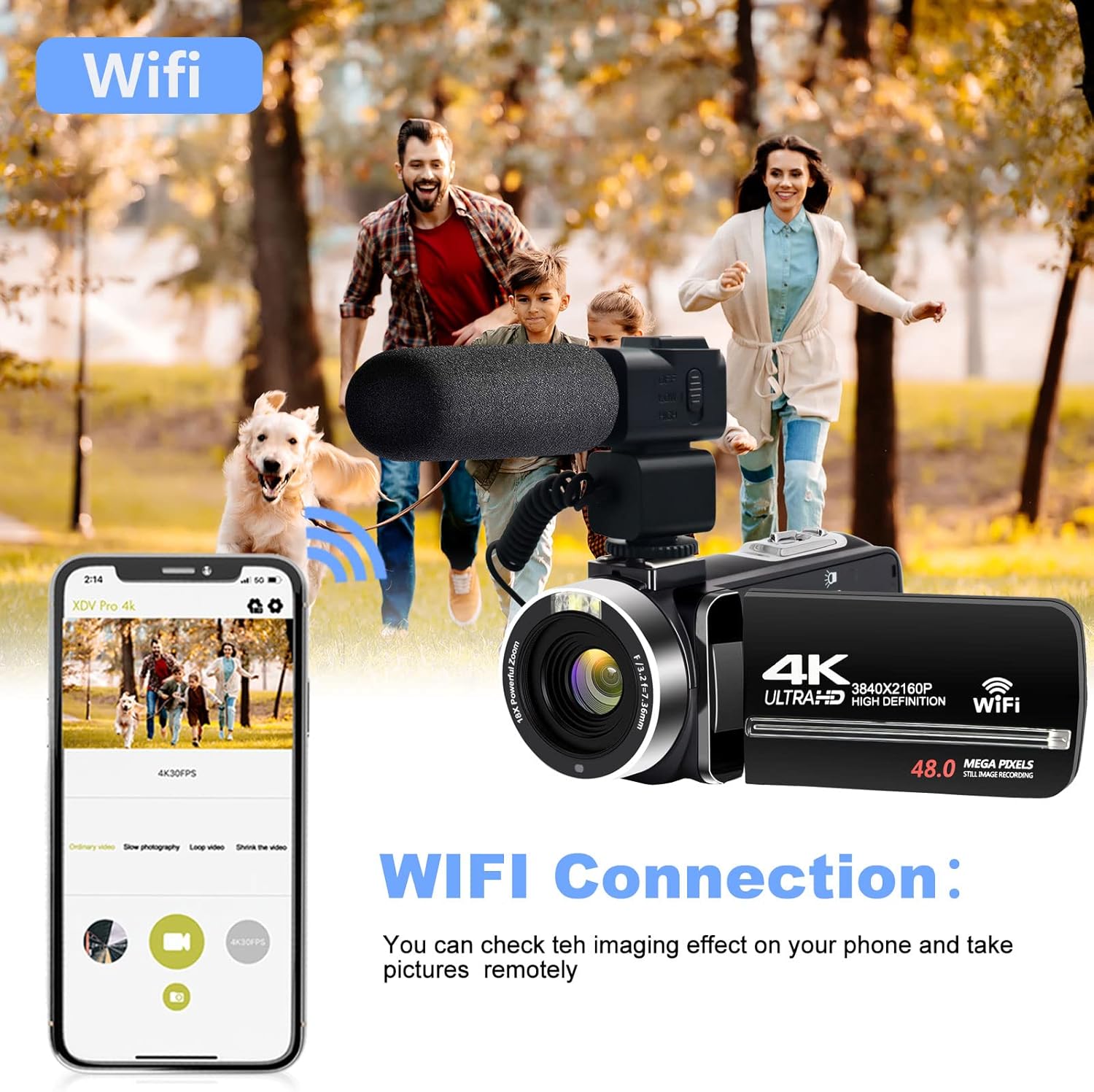 Camcorders Video Camera 4k with 3" Touch Screen and 32G Card, WiFi Digital Camera, 18X Digital Zoom, Vlogging Camera for YouTube Video Recording, Kids Video Camera, Remote, Microphone