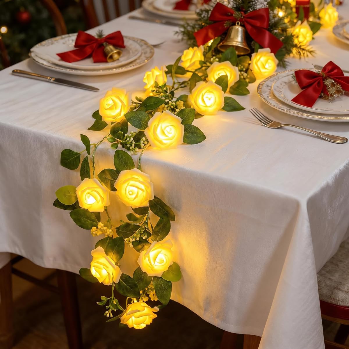 MUCHER Artificial Vine Garland Lights 1.5M 10 Rose Flower Vines Fairy Lights Battery Operated for Ceremony Home Wedding Arch Party Decoration