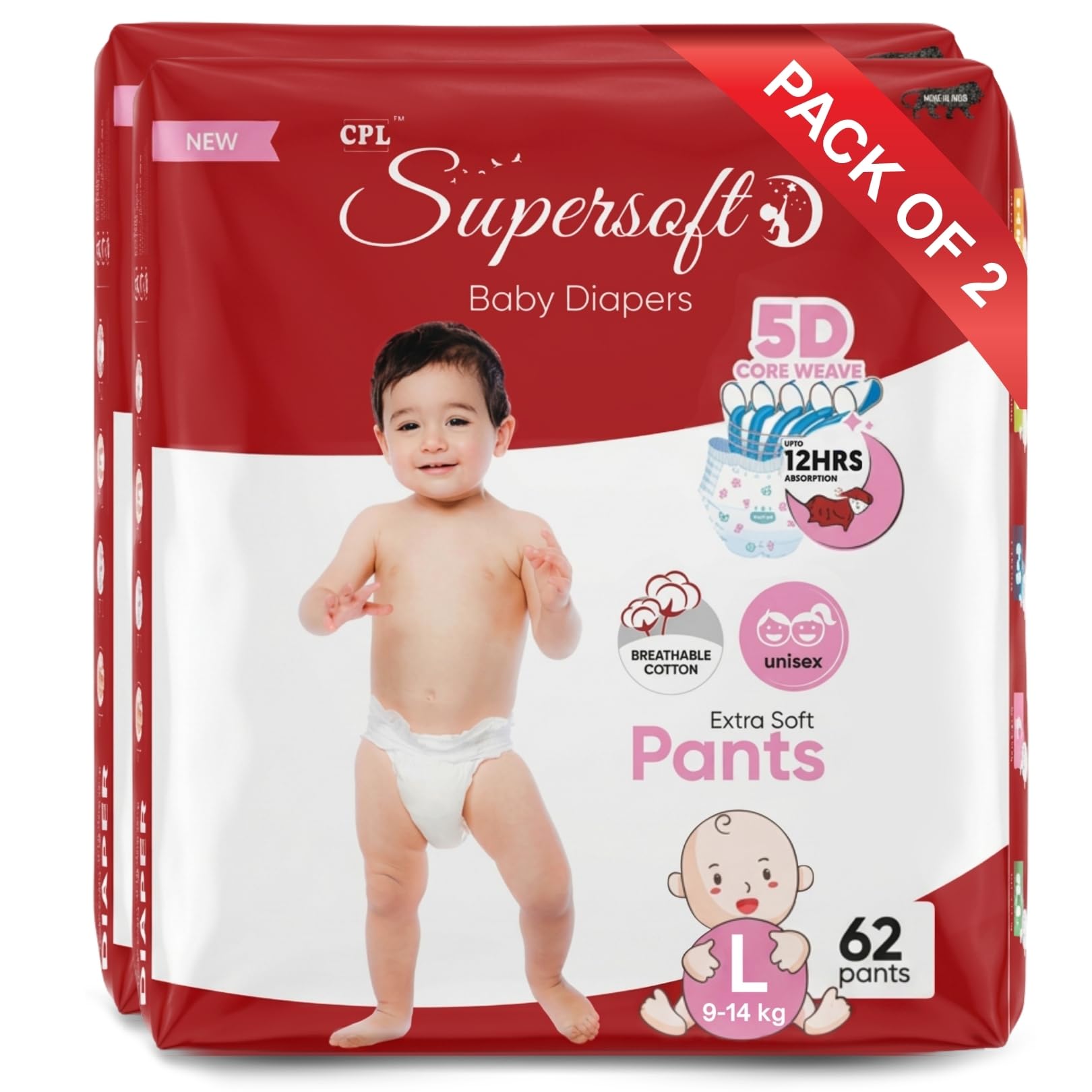CPL SUPERSOFT Baby Diaper Pant Style | Up to 12 Hours Absorption | 9-14 Kg | Pack of 1 - L (42 Pieces)-image-3