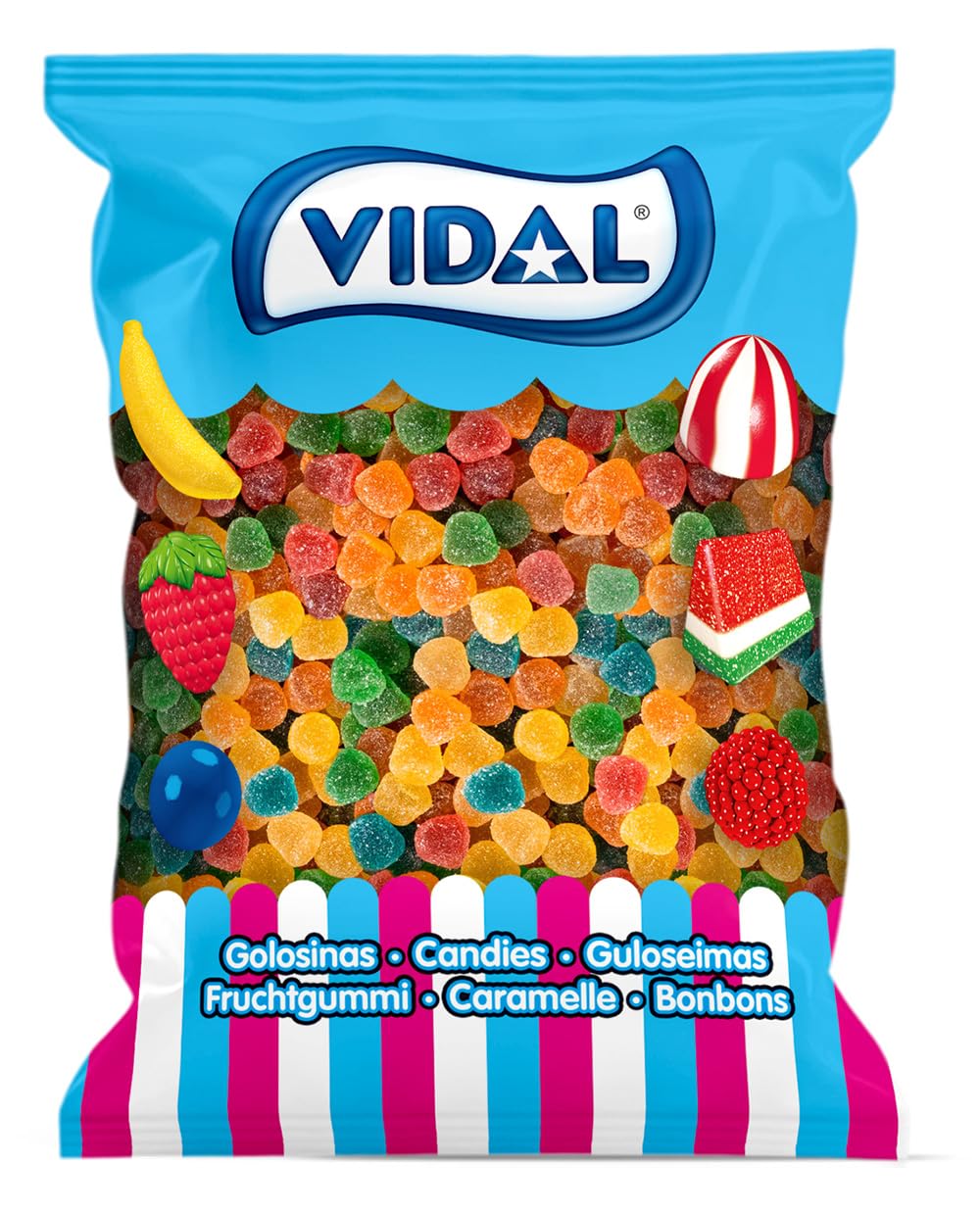 Vidal Golosinas. Gomitas Azúcar. Caramelos de goma con cobertura de azúcar y delicioso sabor a frutas variadas como:​limón,​plátano,​naranja,​manzana,​fresa y frambuesa.​Sin gluten ni grasa.​Bolsa1 kg
