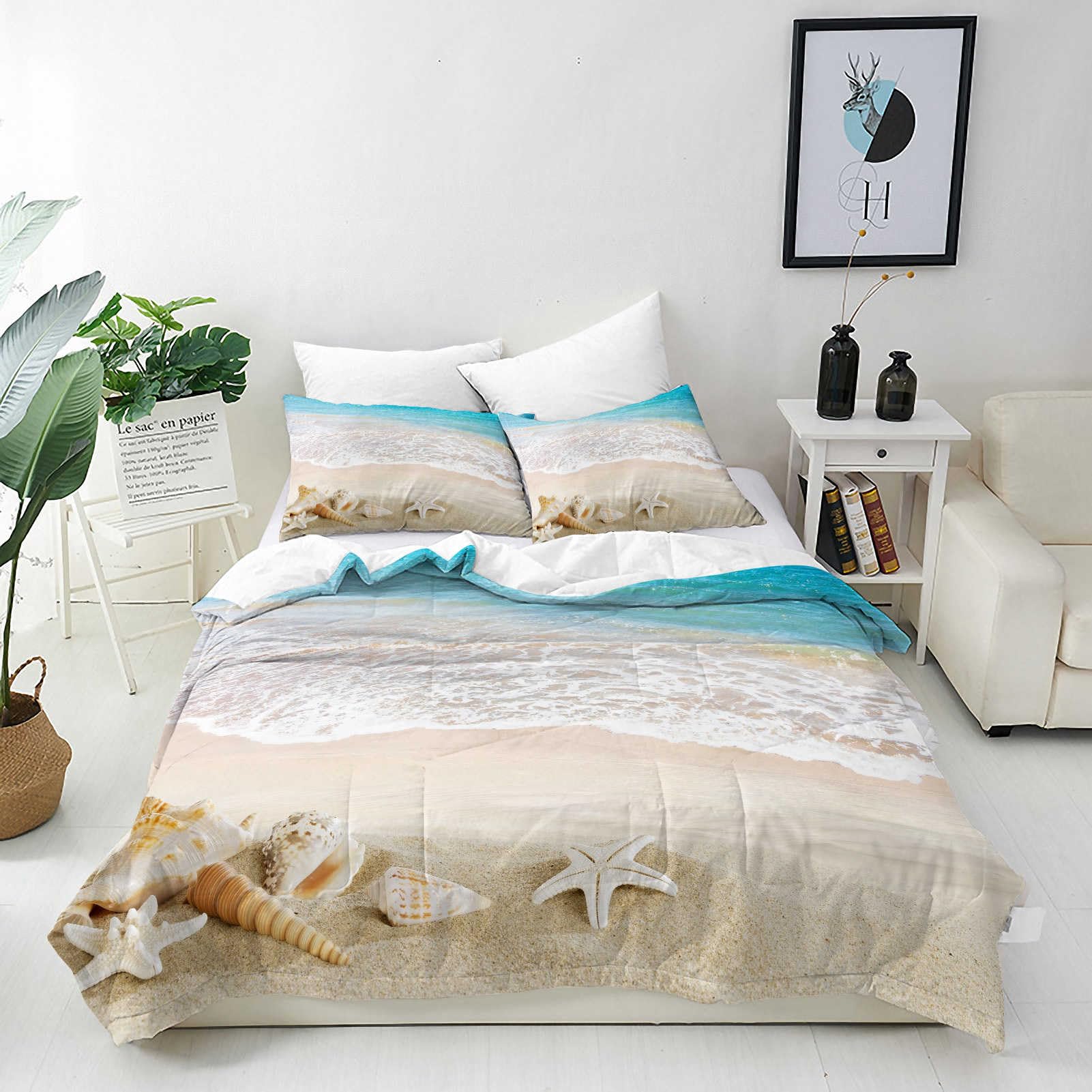 ANHOPE Custom Bedding Set Personalised Size Duvet Cover & Pillowcase Ocean Beach Seashell Conch Starfish Printed Pattern Customized Quilt Cover for Kids Couple Family Birthday Wedding โ image 1