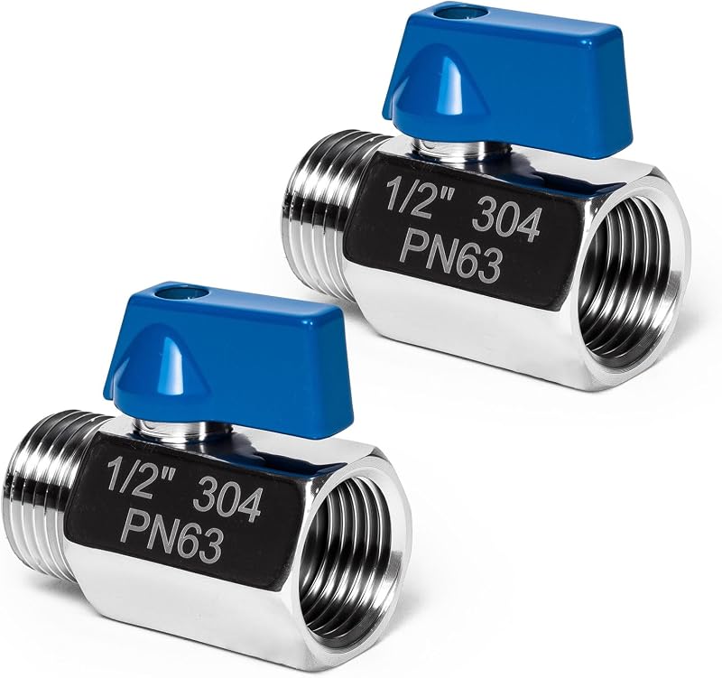 2 Pack 1/2" Mini Ball Valve, 304 Stainless Steel Valve NPT Female x Male Thread Shut-Off Valves for Small Compact Space (2, 1/2 Inch)
