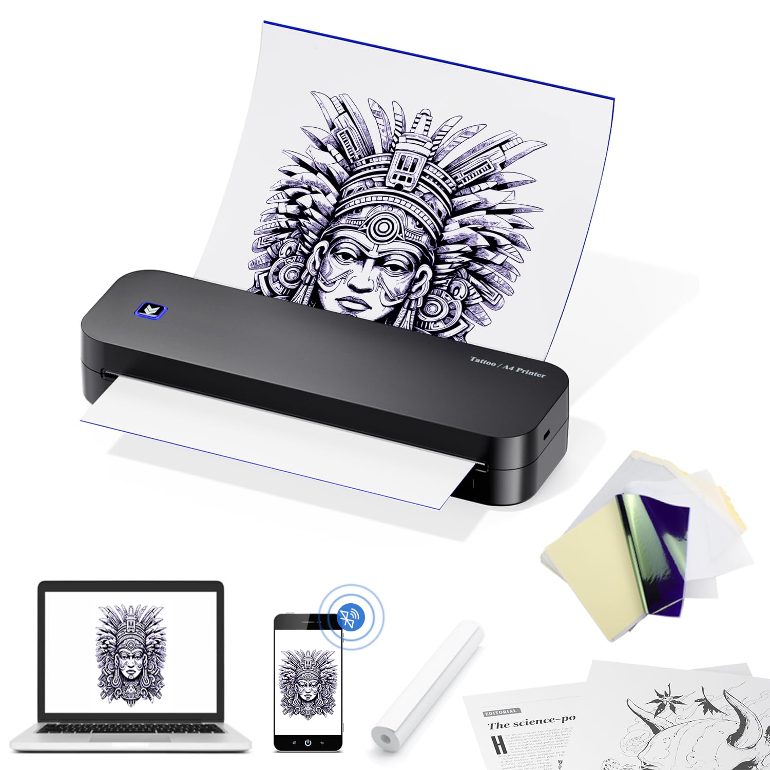 BIOMASER Impresora de tatuajes con Bluetooth, 20 hojas, papel A4, máquina profesional para tatuajes, compatible con iPad, teléfono y PC, para principiantes artistas de tatuajes