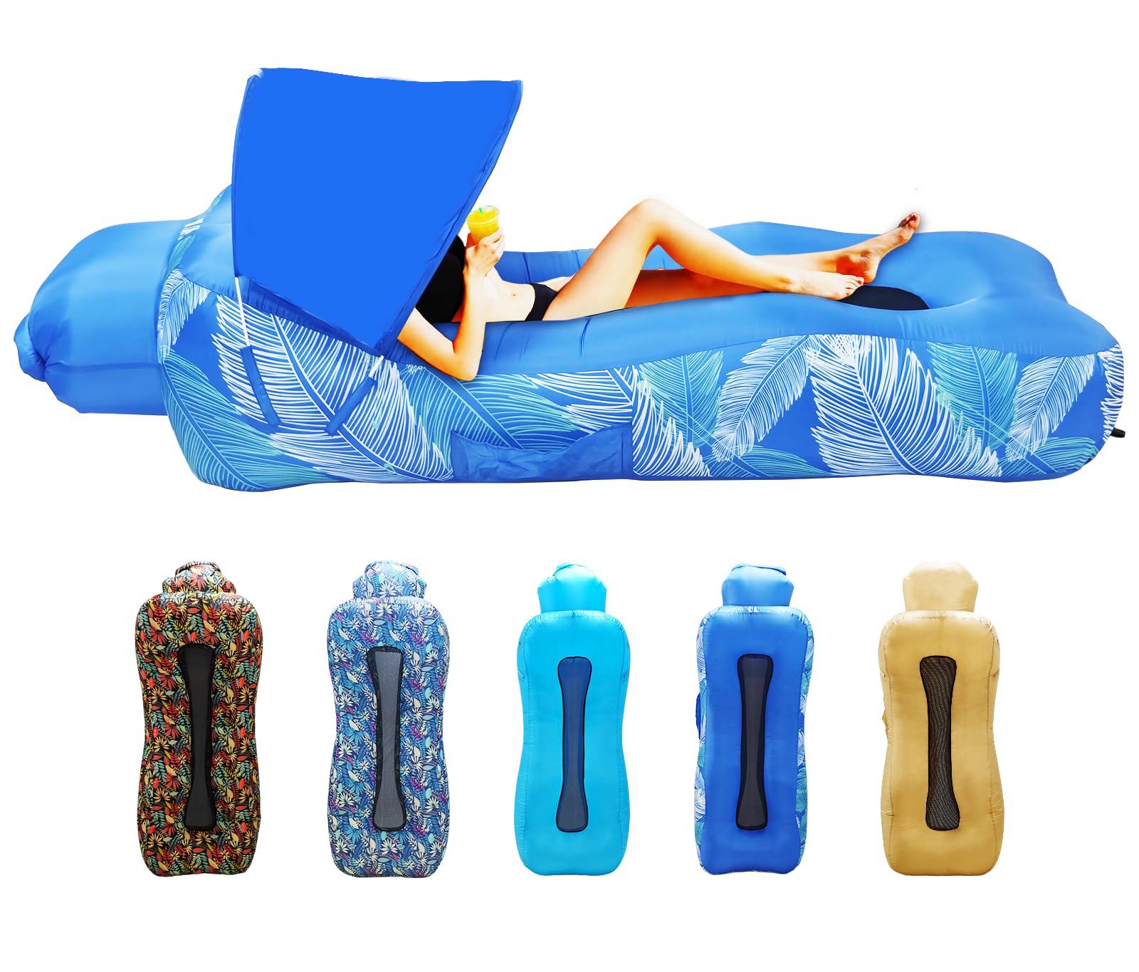 Inflatable Couch, Inflatable Lounger Air Sofa | No-Pump Blow Up Couch | Ergonomic Design, Air Couches Outdoor for Camping & Park & Beach, Upgrade Your Camping Accessories-with Sun Shade A Blue Feathers Deluxe - with Sunshade