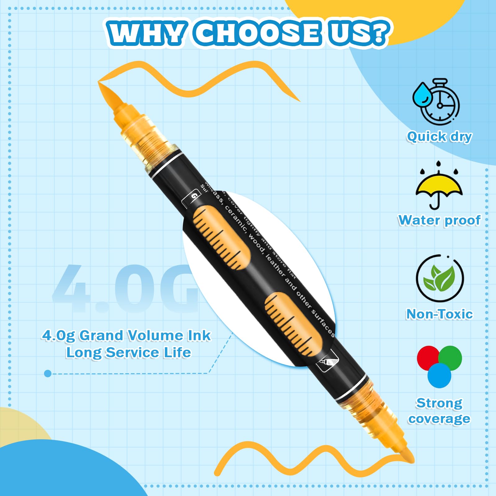 Vakki - Lot De 60 Stylos Acryliques à Double Pointe (fine + Pinceau) - Pour Pierre, Tissu, Verre, Toile - Couleurs Vibrantes - Imperméables Et Résistants