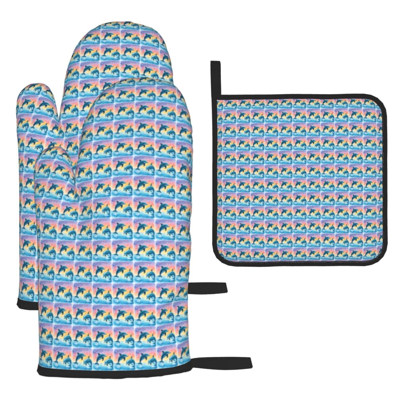Dolphins In Love Print Oven Mitts Kitchen Gloves Set Everyday Baking Grilling Microwaving Cooking Gift